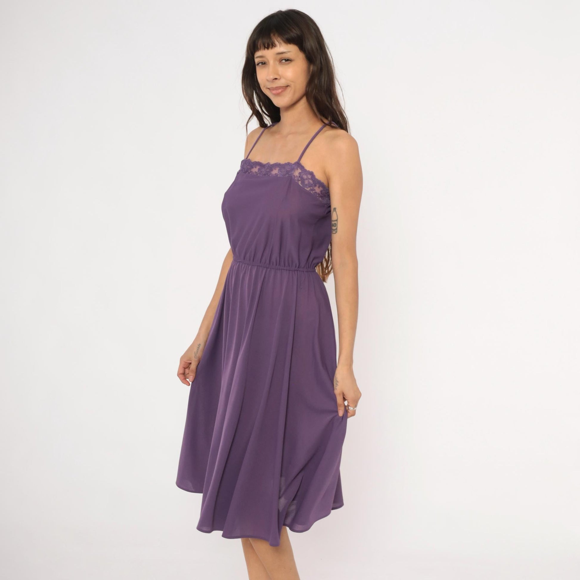 70s Purple Spaghetti Strap Dress Lace Trim Knee Length A-Line Small