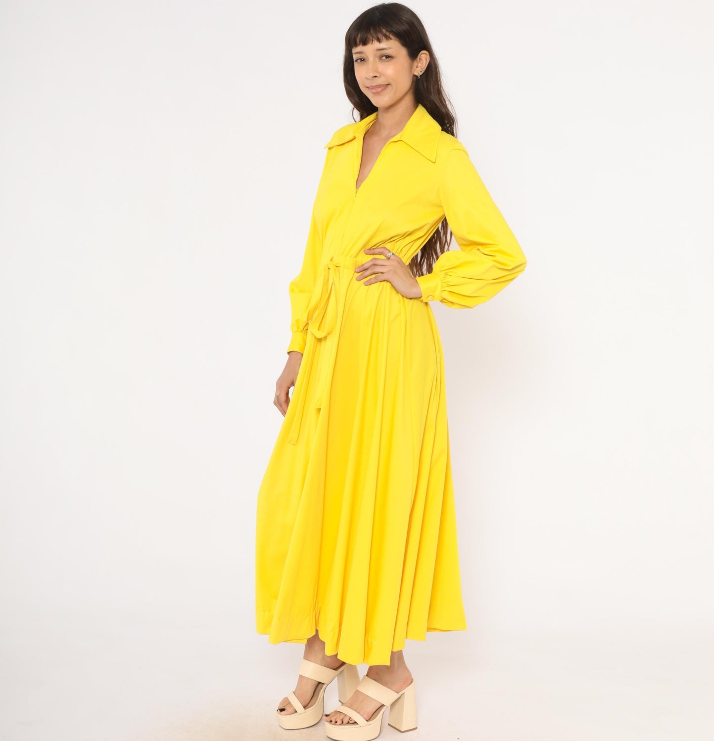 70s Vanity Fair Yellow Maxi Dress Balloon Sleeve Zip Front Gathered Skirt Medium