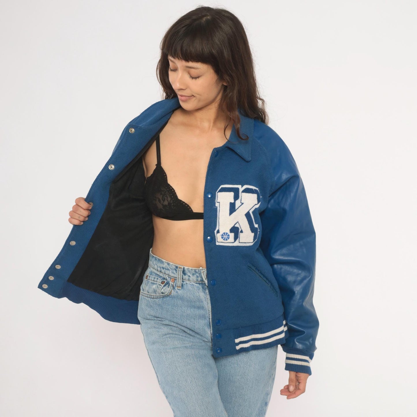 90s Reebok Varsity Jacket Wool Leather Letterman Blue Navy White Medium M