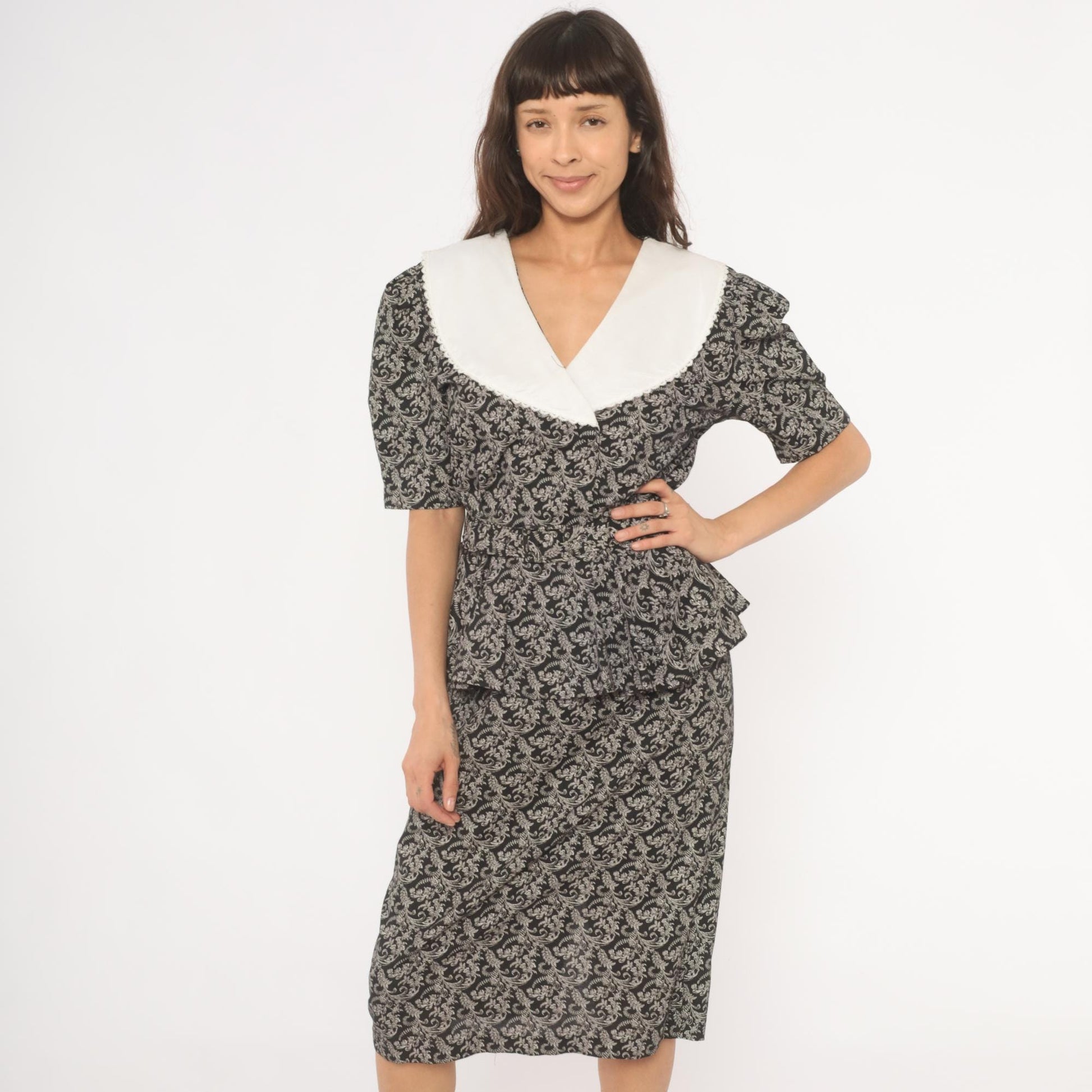 90s Miss Dorby Peplum Dress Black White Scroll Print V-Neck Puff Sleeve Large L
