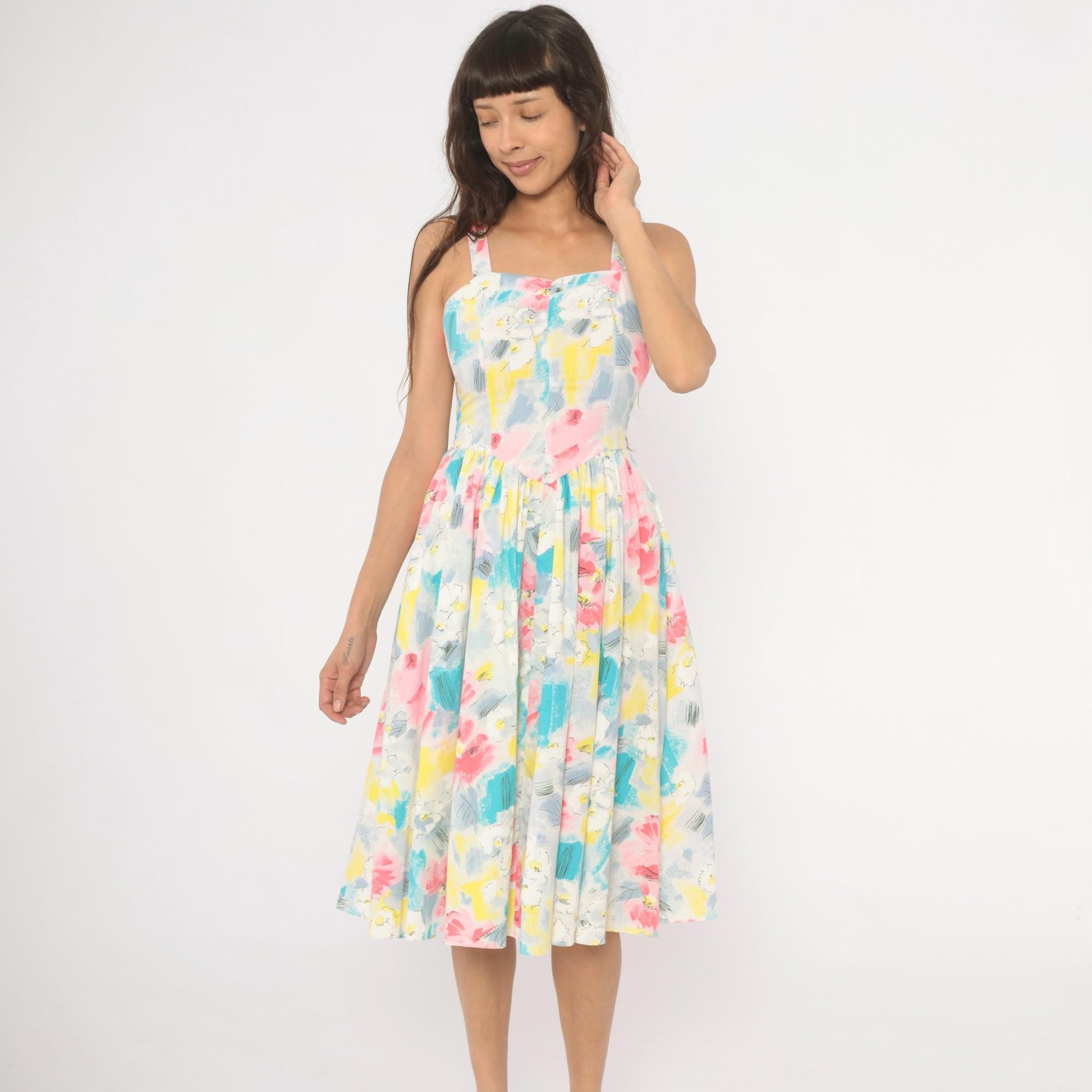 80s Pea Patch Watercolor Floral Sundress Sweetheart Basque Waist Small