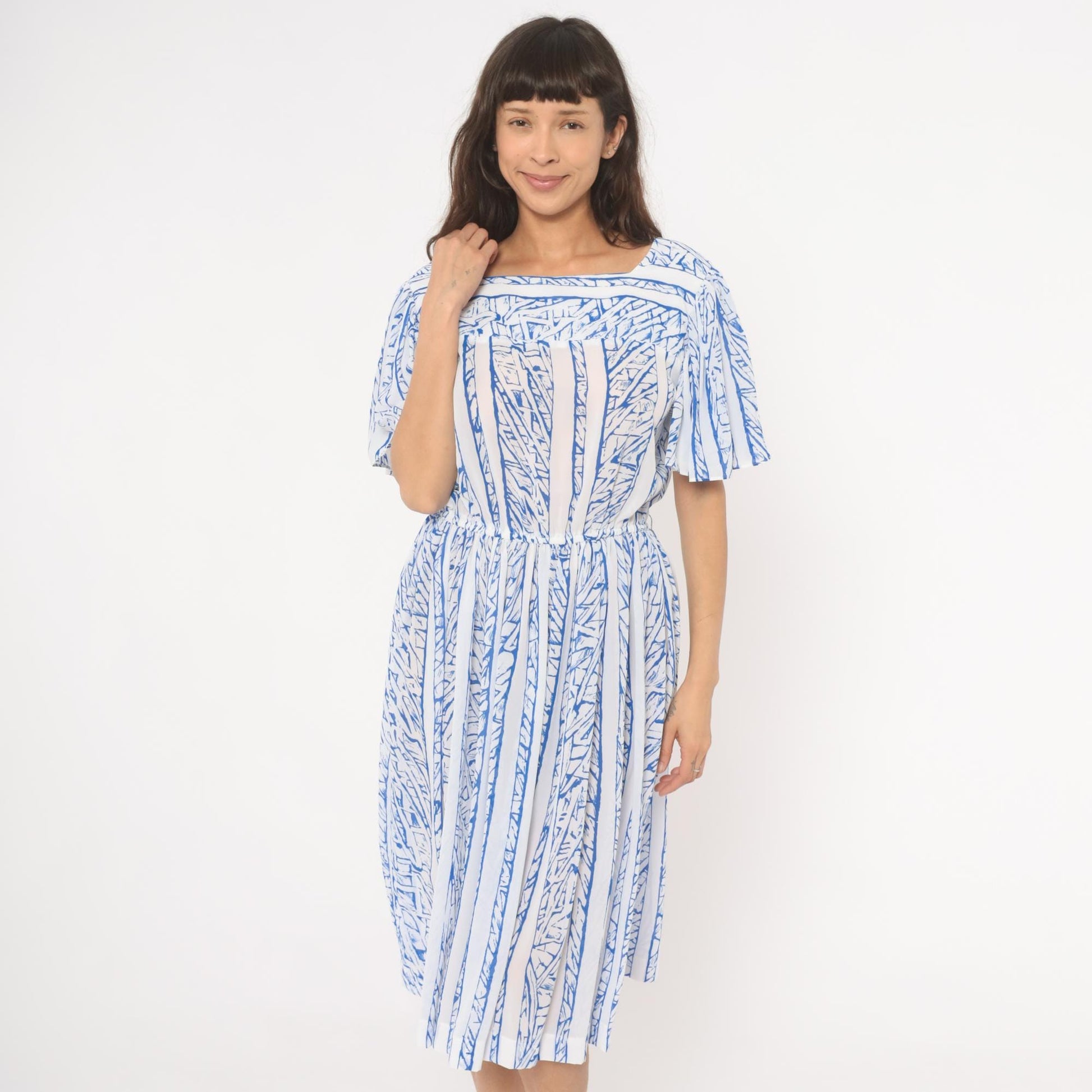 80s Top Act Abstract Stripe Dress Blue White Flutter Sleeve Knee Length Large L