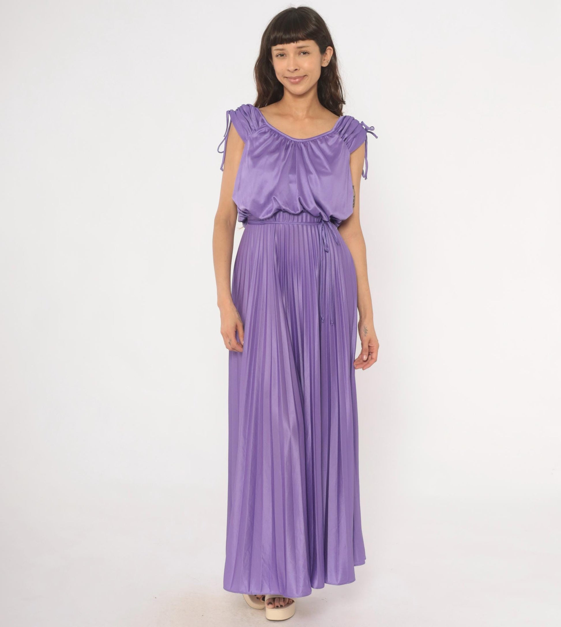70s Lavender Pleated Maxi Dress Satin Blouson Bodice Tie Shoulder Small S