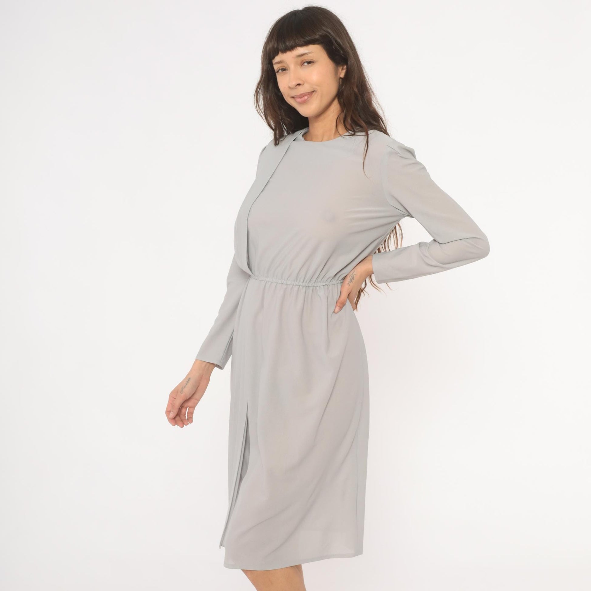 80s Grey Pleated Front Dress Pearl Button Back Long Sleeve Knee Length Small S