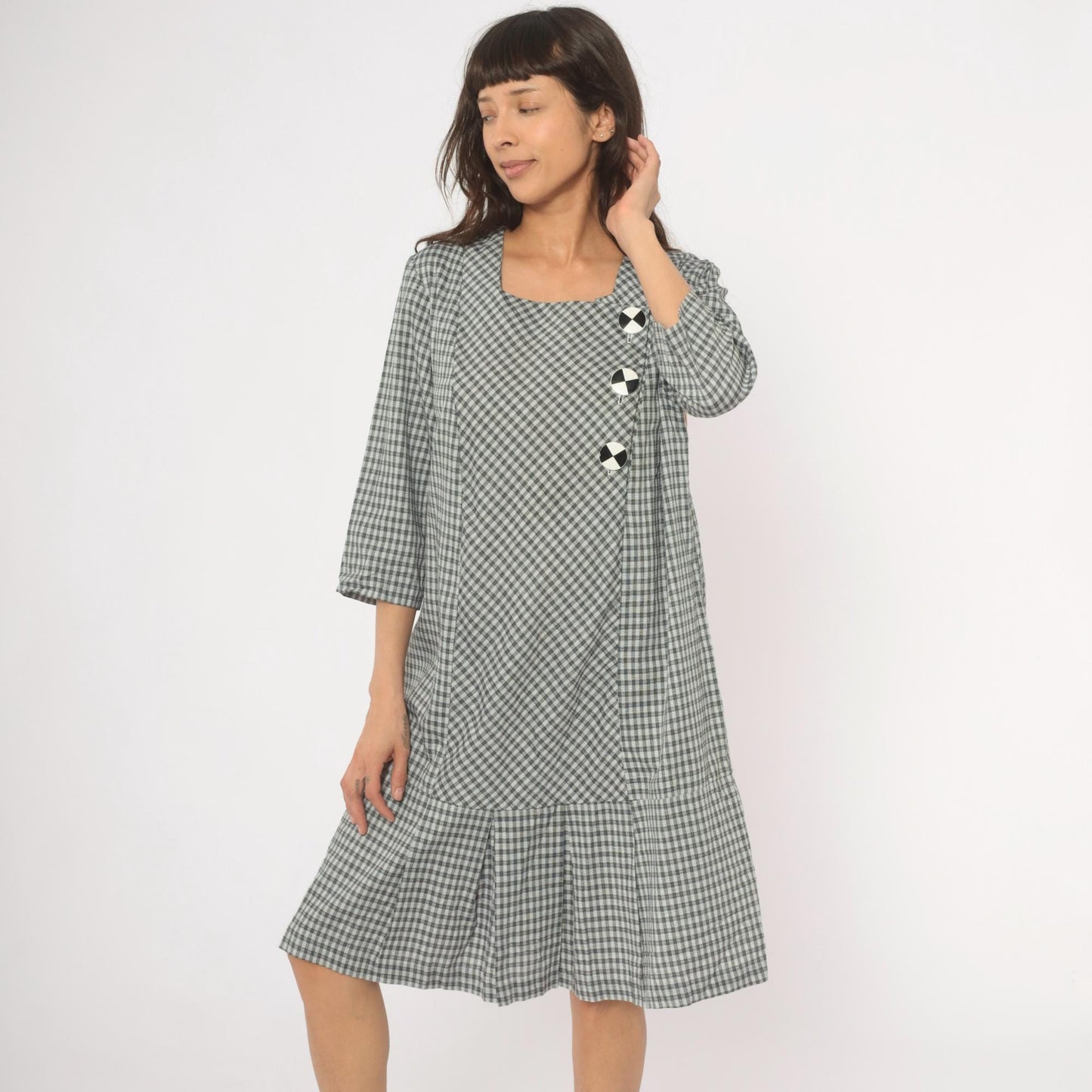90s Be My Baby Black White Gingham Check Dress Square Neck Medium M