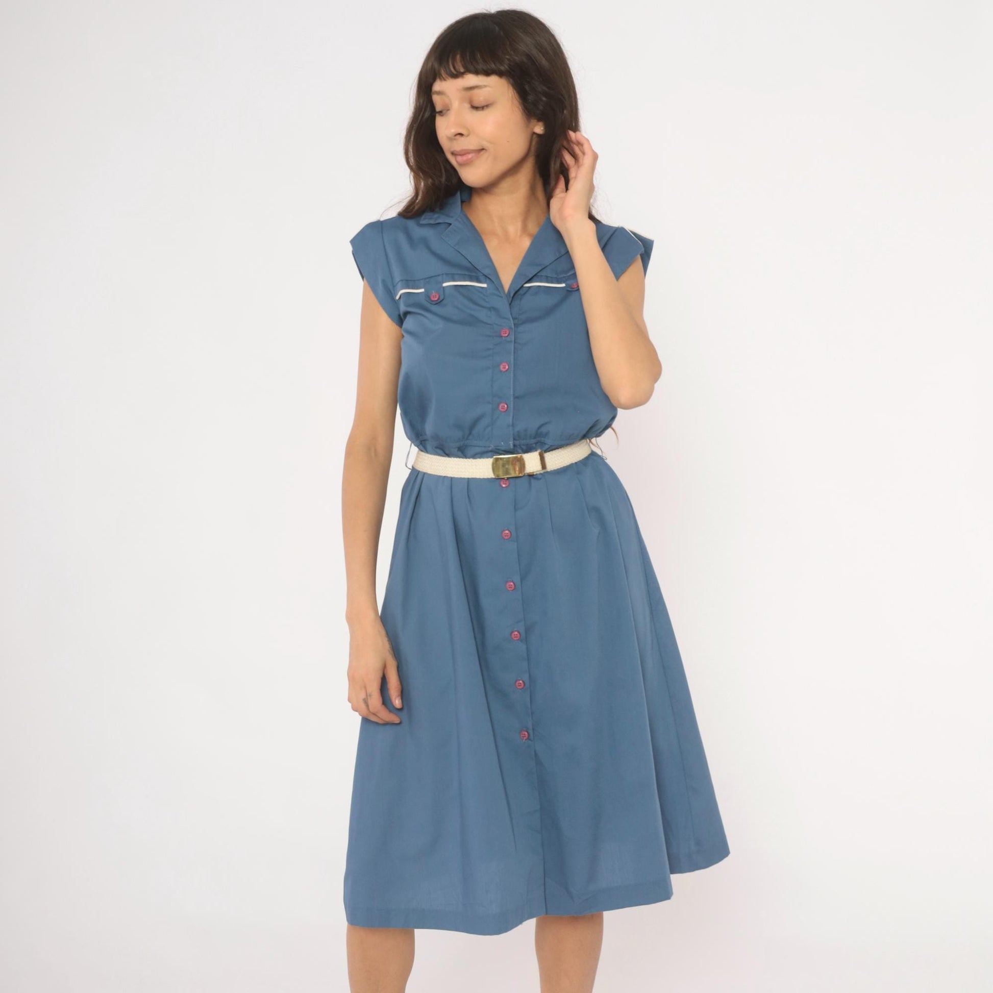 80s Slate Blue Button-Front Shirtdress Cap Sleeve Notched Collar Belted Small S