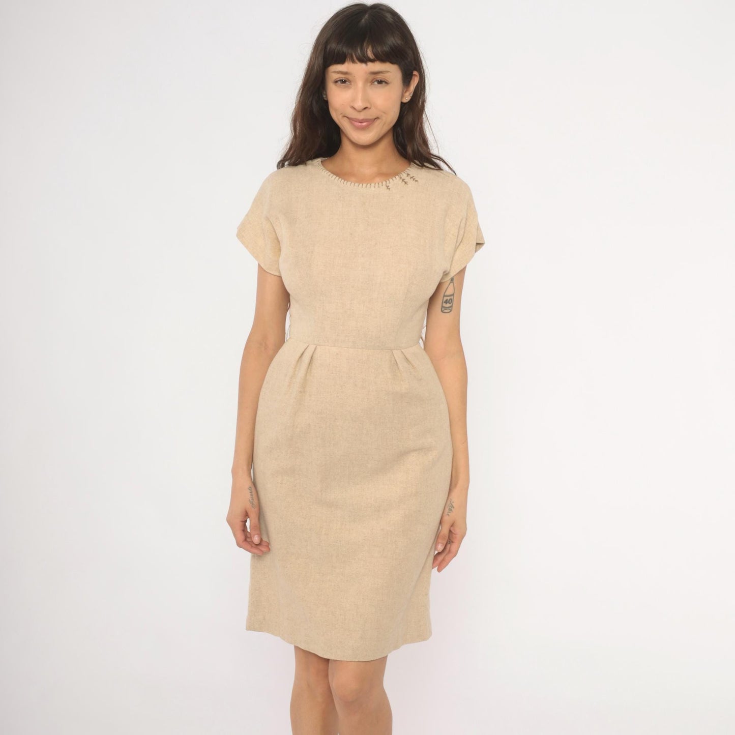 1950s Tan Wool Blend Sheath Dress Whipstitch Neckline Cap Sleeve Extra Small XS