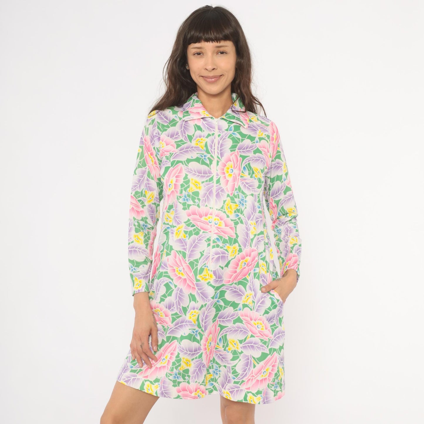 70s Travel Lite Floral Shift Dress Pink Lavender Green Knee-Length Small S