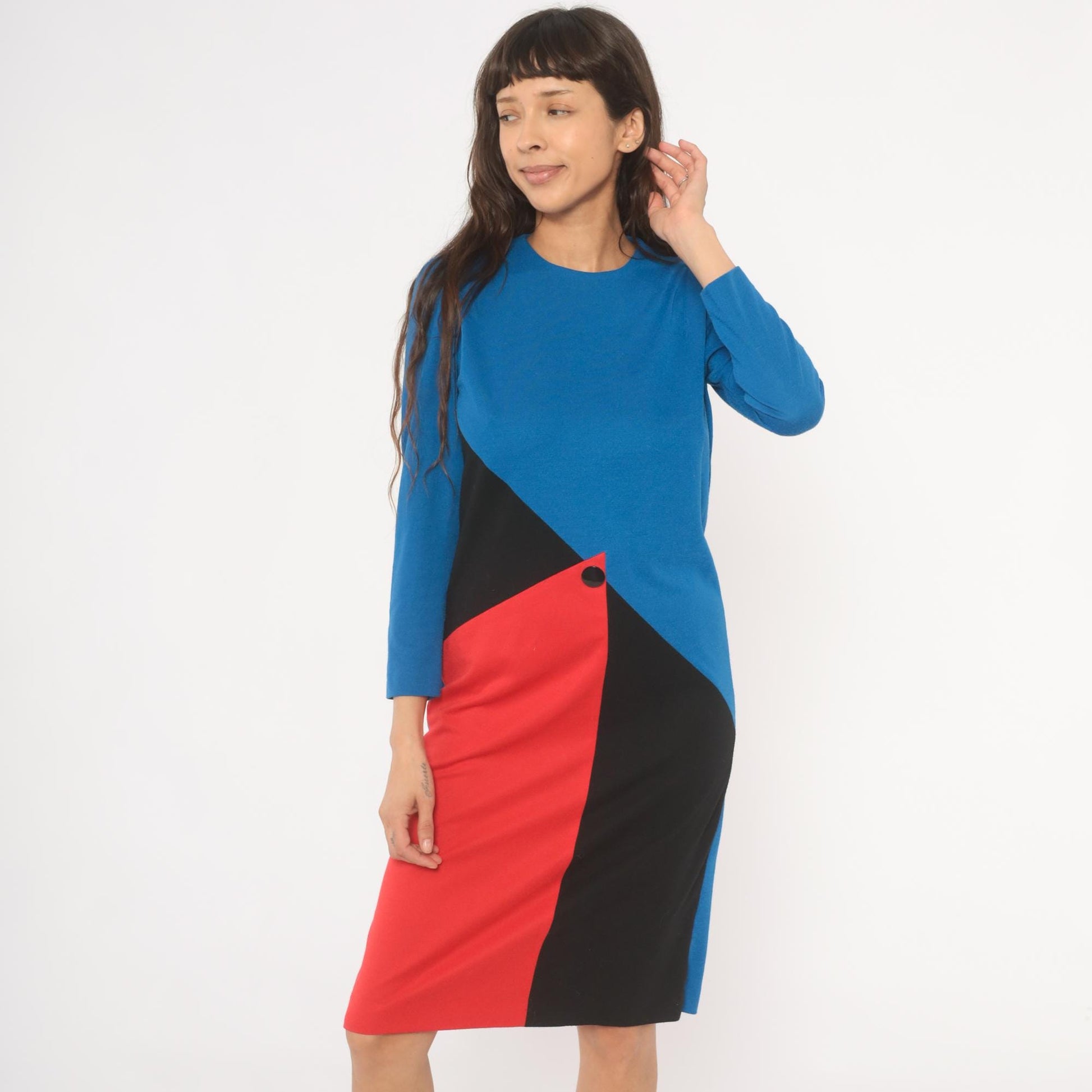 80s Leslie Fay Color Block Dress Cobalt Blue Red Black Geometric Knee Length Small S