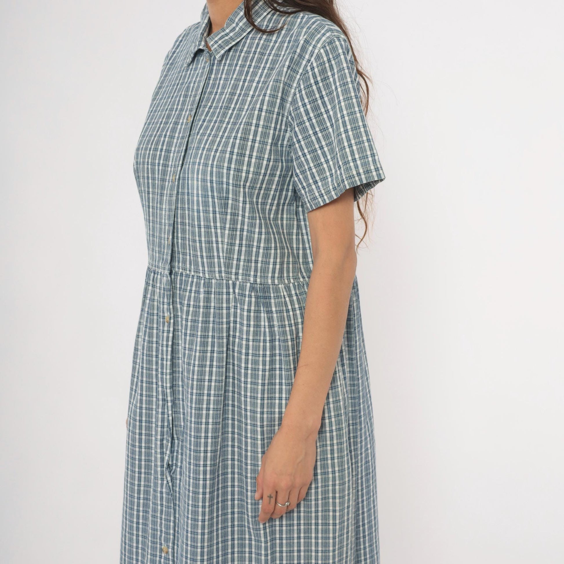 90s Studio Works Blue Plaid Cotton Maxi Shirtdress Medium