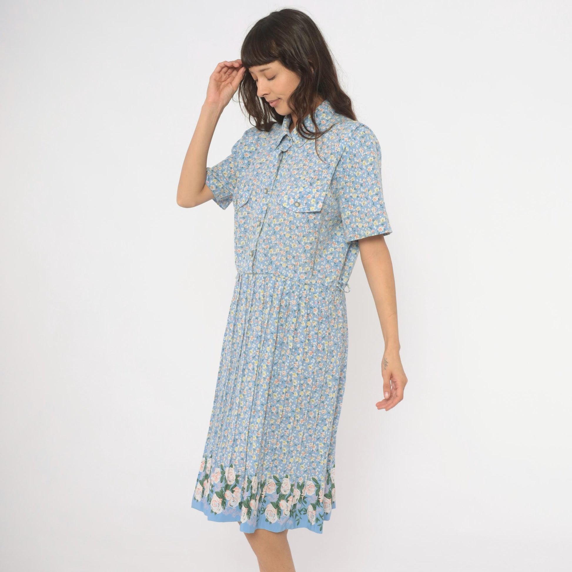 90s Breli Originals Floral Shirtdress Sky Blue Midi Pleated Skirt Large L