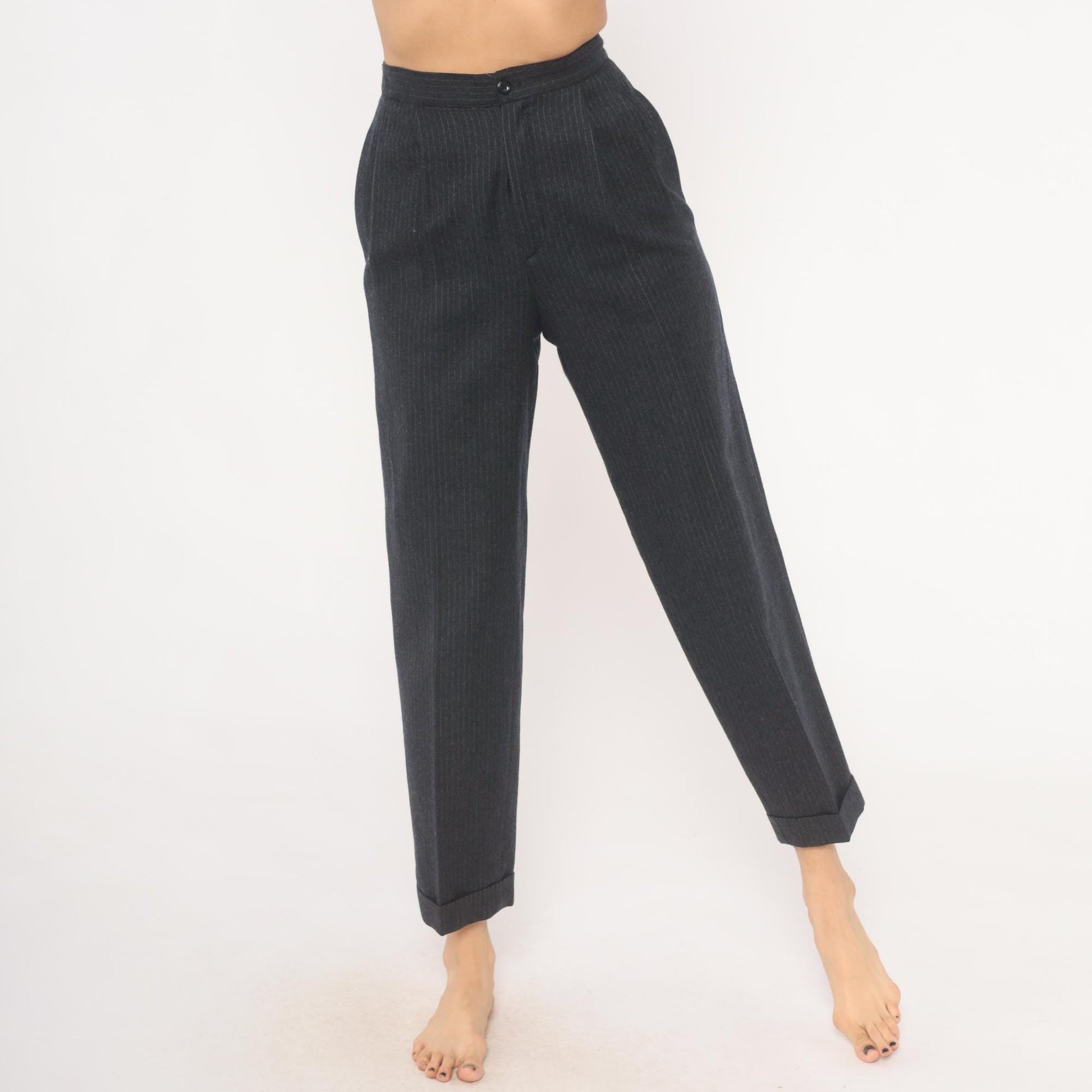 80s Preferred Stock Pinstripe Pleated Trousers Navy Wool Blend High Waist Extra Small XS