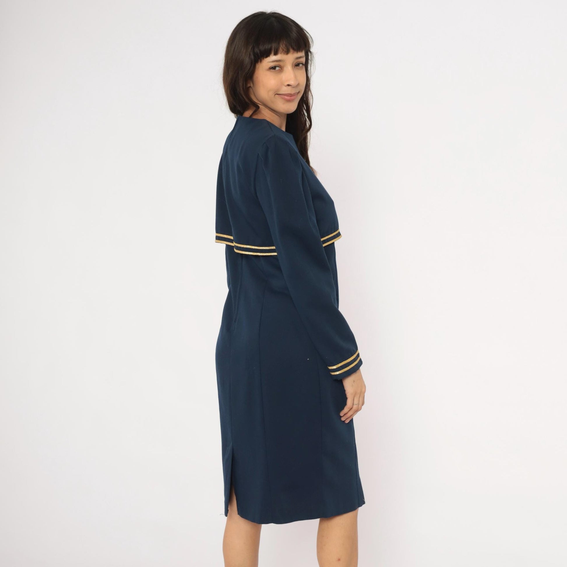 80s Jessica Howard Navy Dress Gold Braid Military Knee-Length Puff Sleeve Medium M