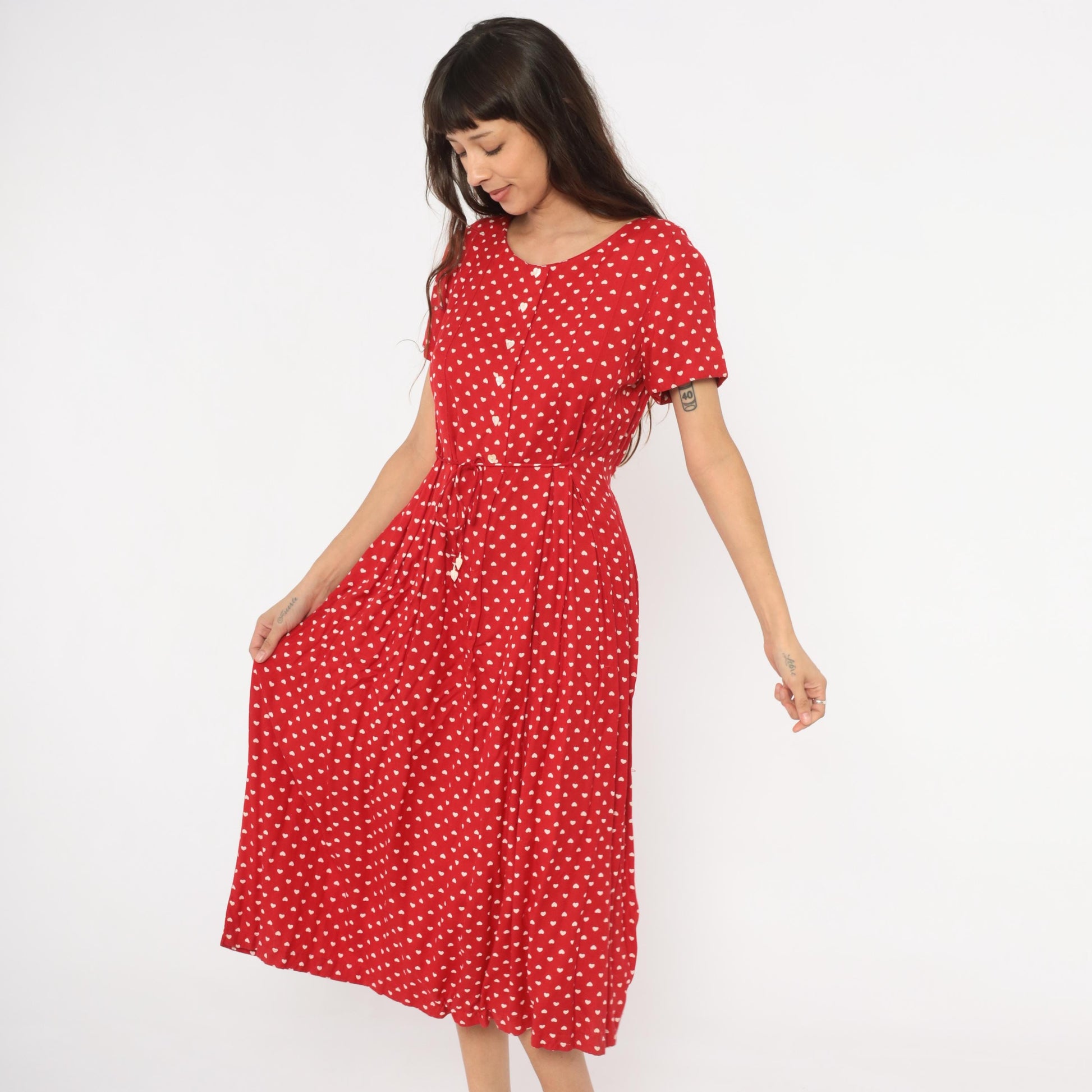 80s Sarah Elizabeth Red Heart Print Midi Dress Button Front Scoop Neck Medium M