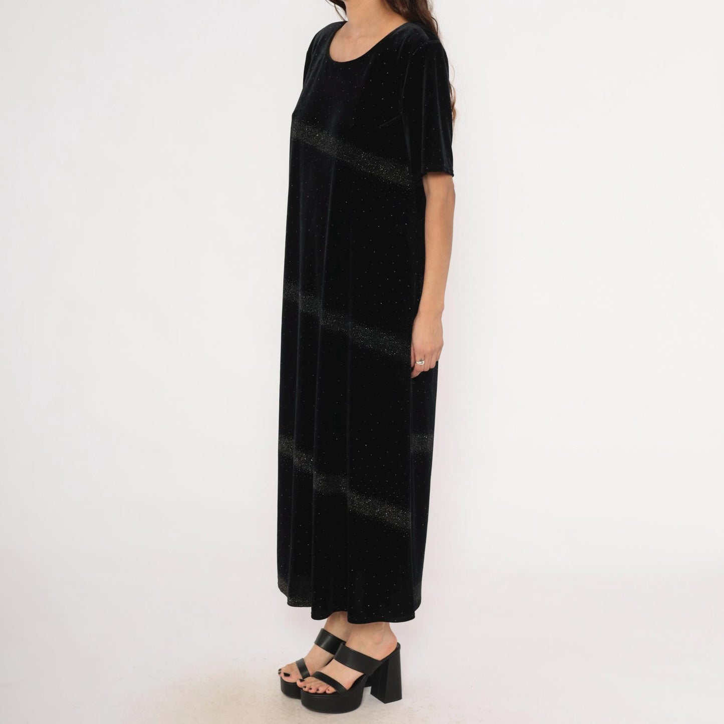 90s Jessica Howard Black Velvet Maxi Dress Glitter Scoop Neck Short Sleeve Large L