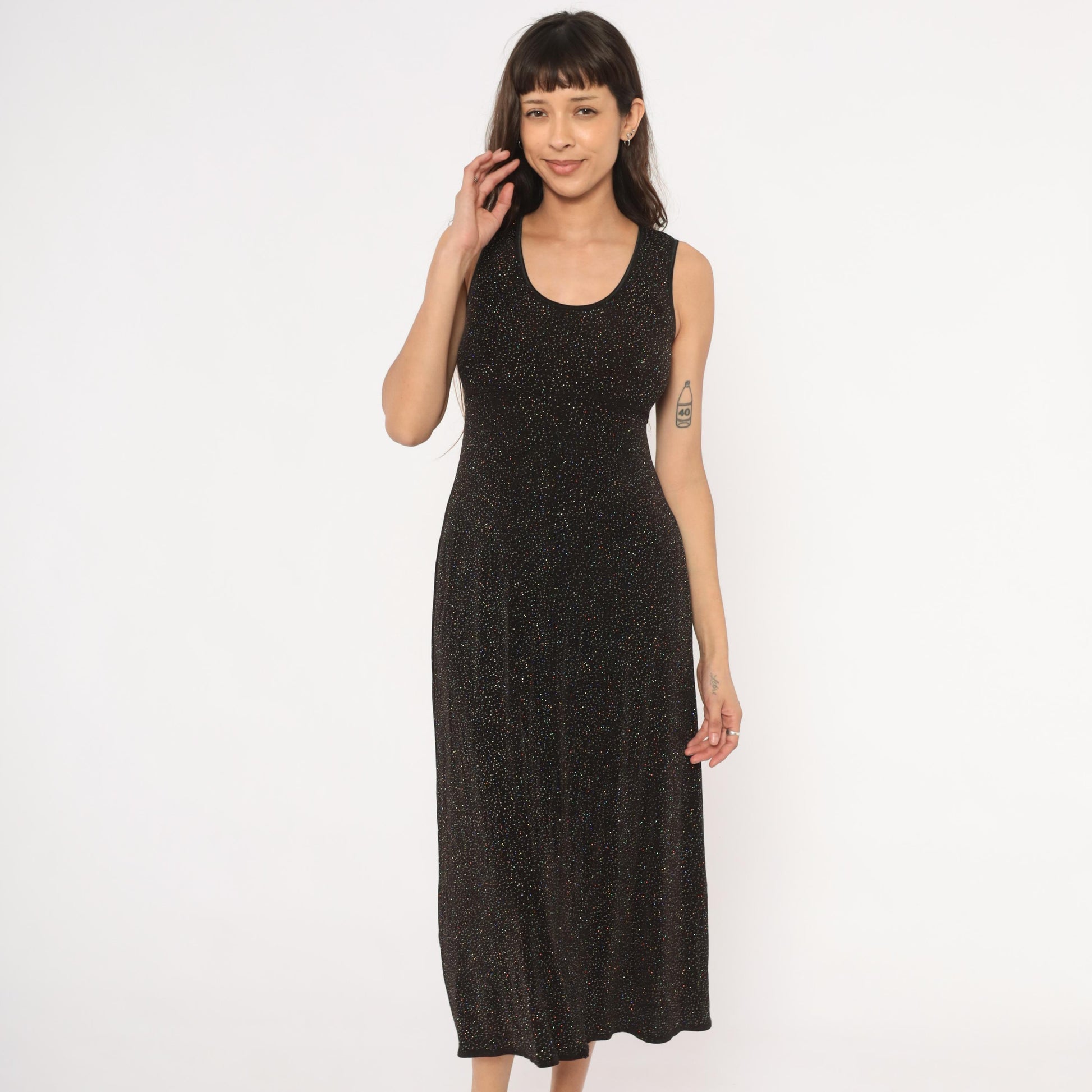 90s Rabbit Designs Black Glitter Maxi Dress Scoop Neck Empire Waist Medium M