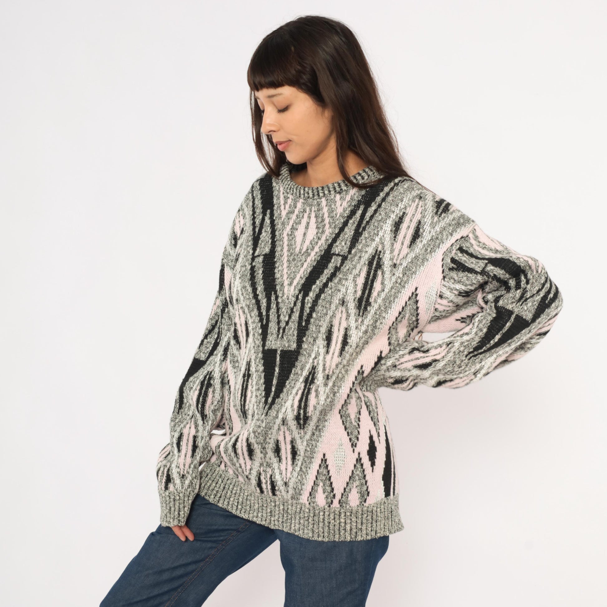 80s Elis Island Geometric Knit Sweater Grey Diamond Chevron Medium