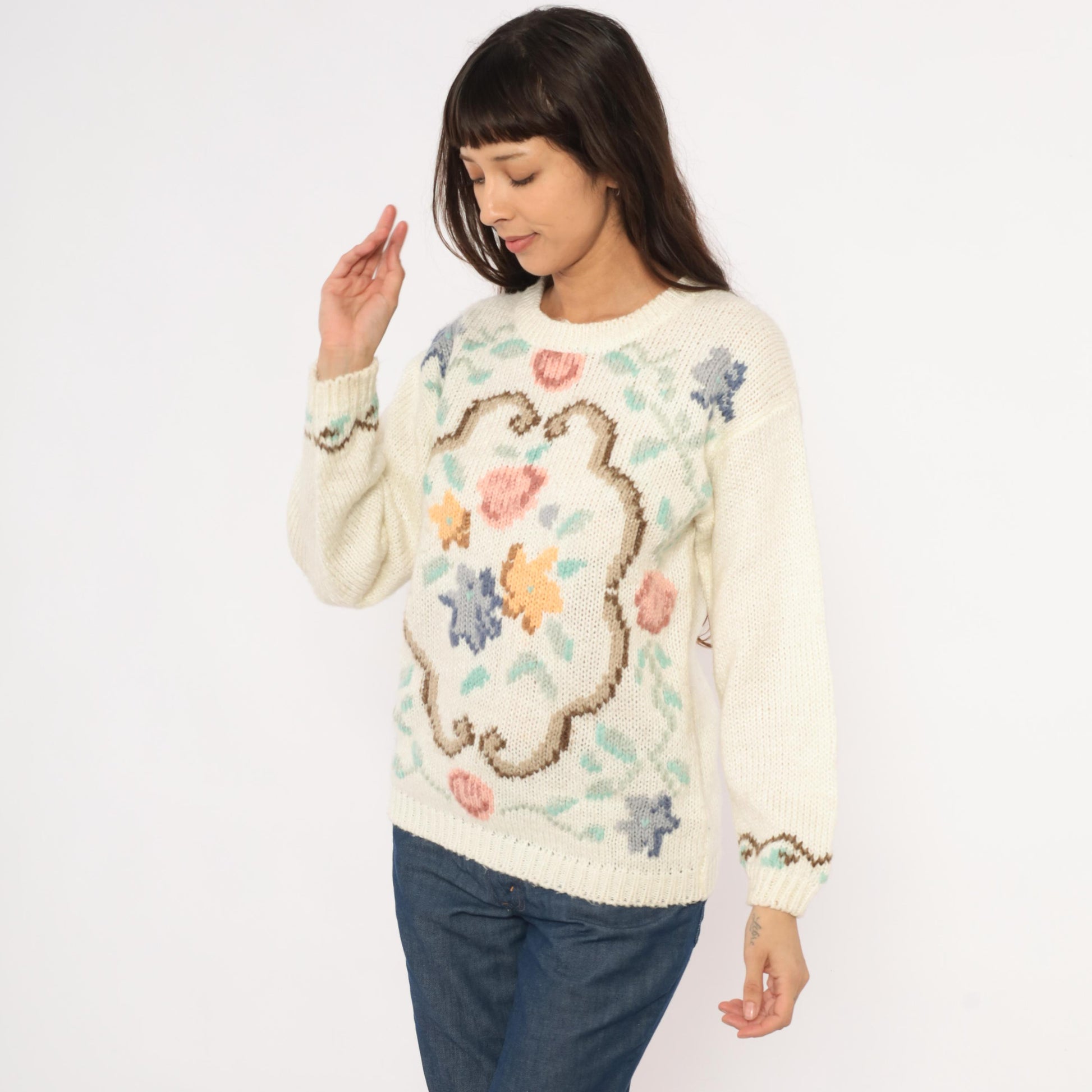 80s Partners by Mervyns Floral Intarsia Knit Crewneck Cream Pink Small
