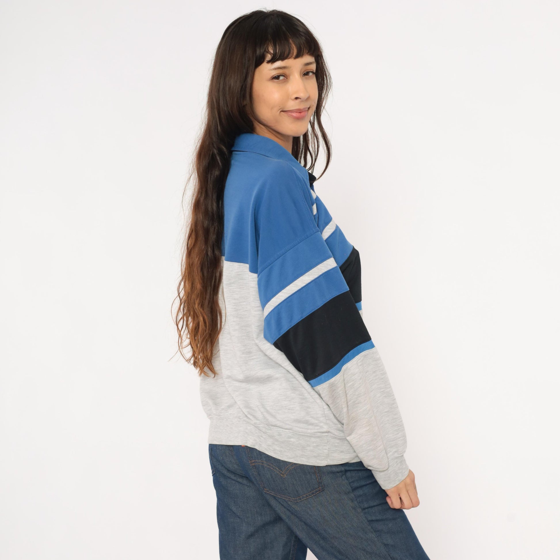 80s Knightsbridge Color Block Polo Sweatshirt Blue Striped Grey Small