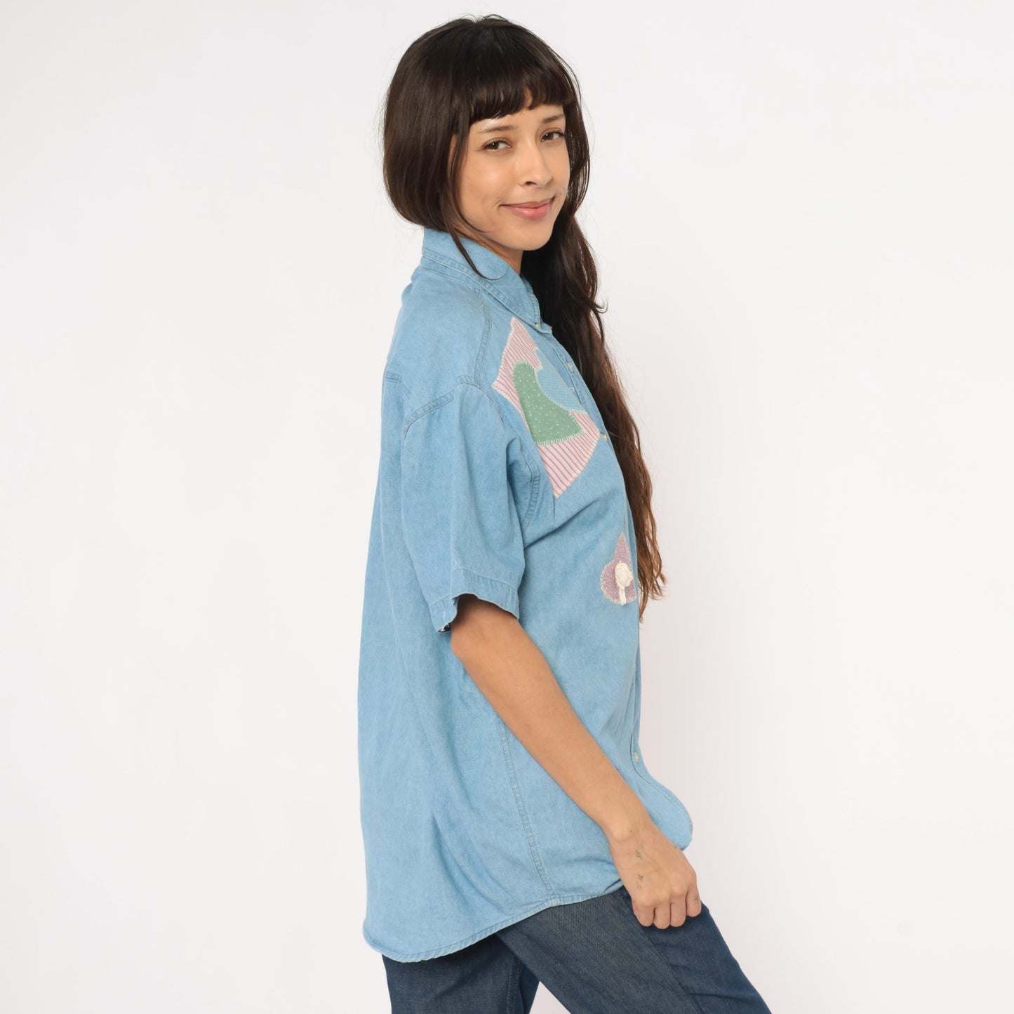 90s Satin Stitches Inc. Patchwork Heart Denim Shirt Light Wash Cotton Medium