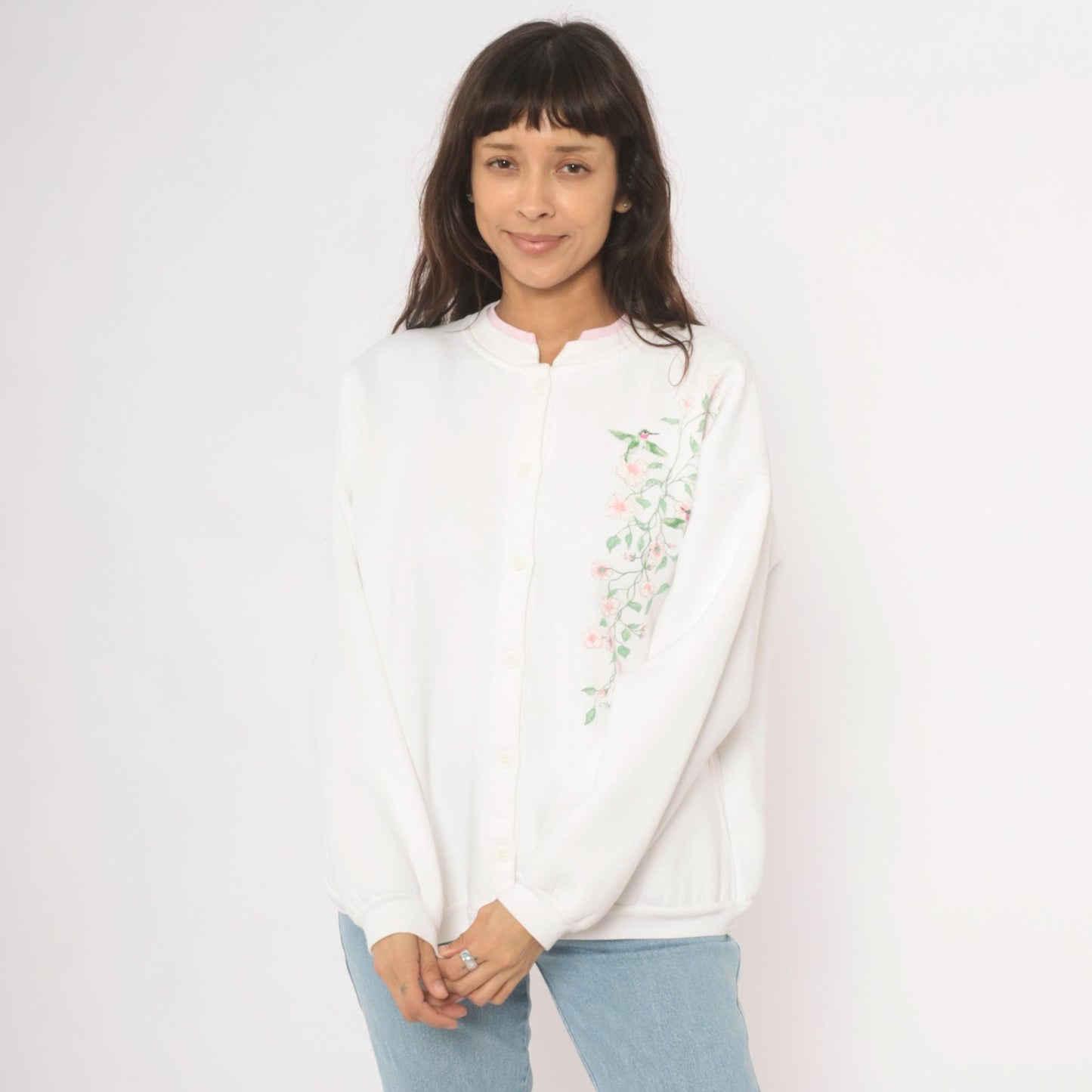 90s Artisans Hummingbird Floral Button Cardigan White Pink Cotton Large XL