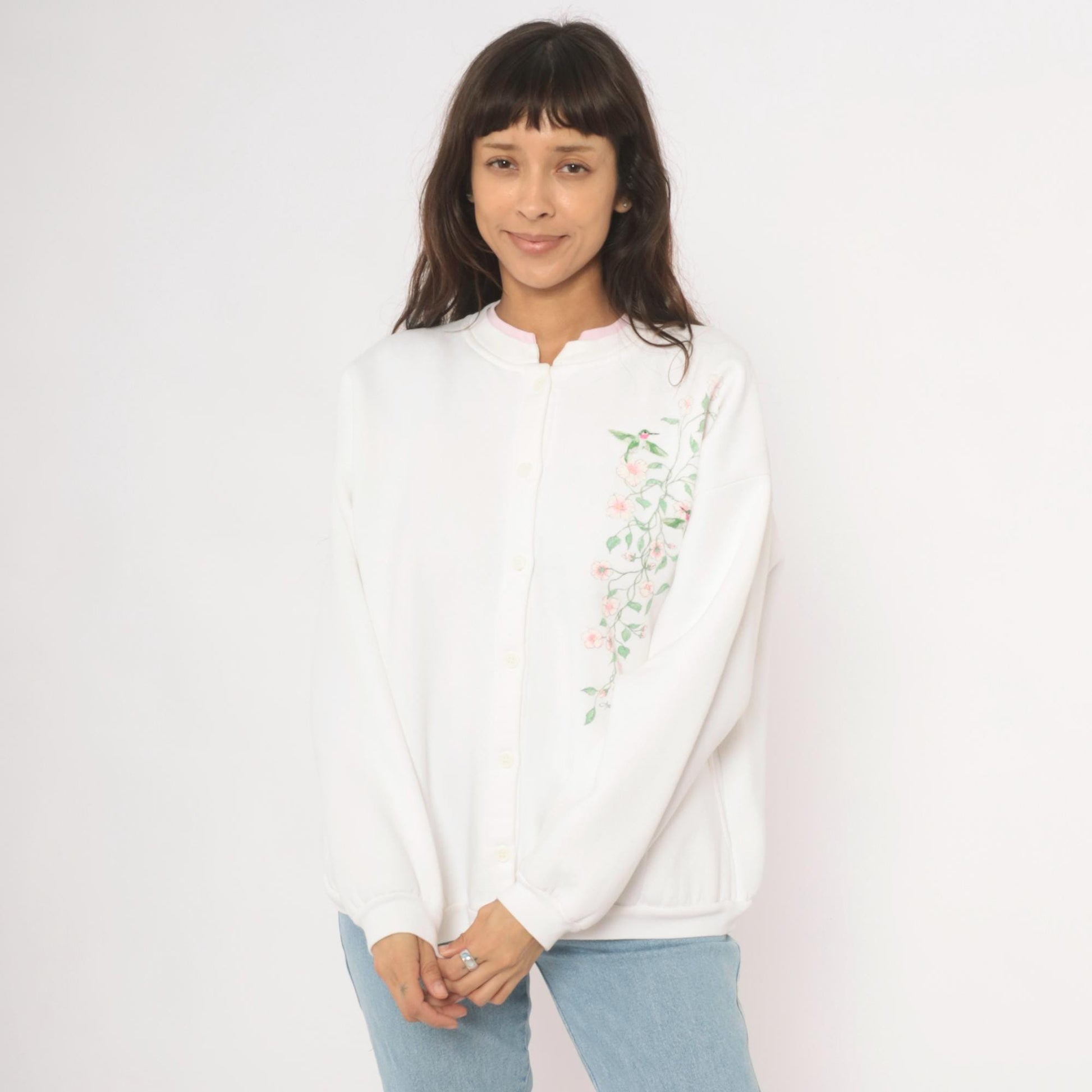 90s Artisans Hummingbird Floral Button Cardigan White Pink Cotton Large XL
