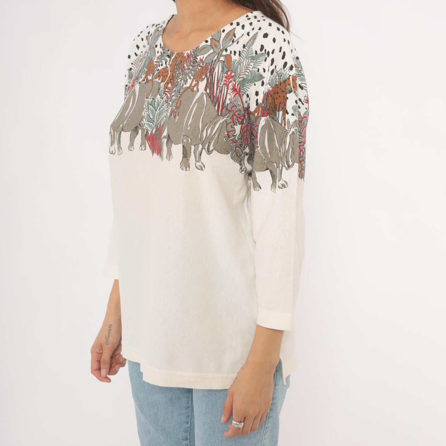 90s Enchante Sport Safari Animal Print Top Cream Jungle Scene Large L