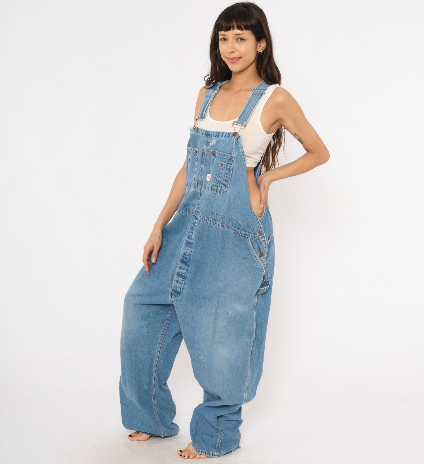 90s Light Wash Denim Bib Overalls Baggy Carpenter Distressed Plus Size XXL