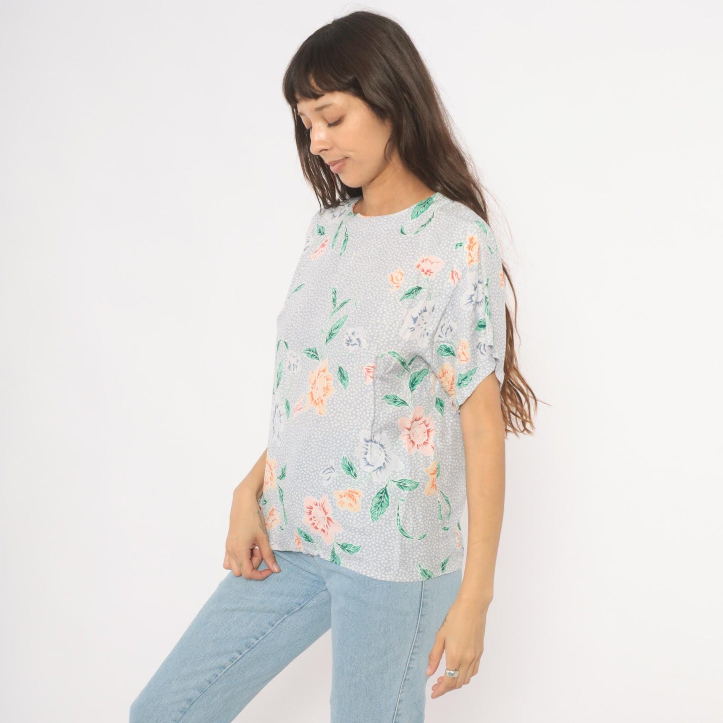 90s JH Collectibles Botanical Floral Blouse Lavender Periwinkle Medium M