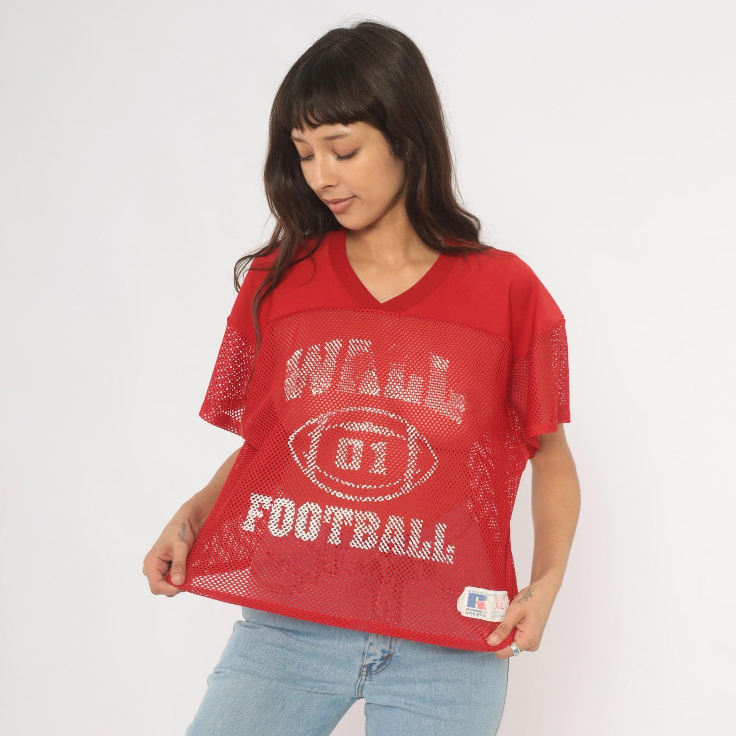 90s Russell Athletic Mesh Football Jersey Red Graphic Crop Medium