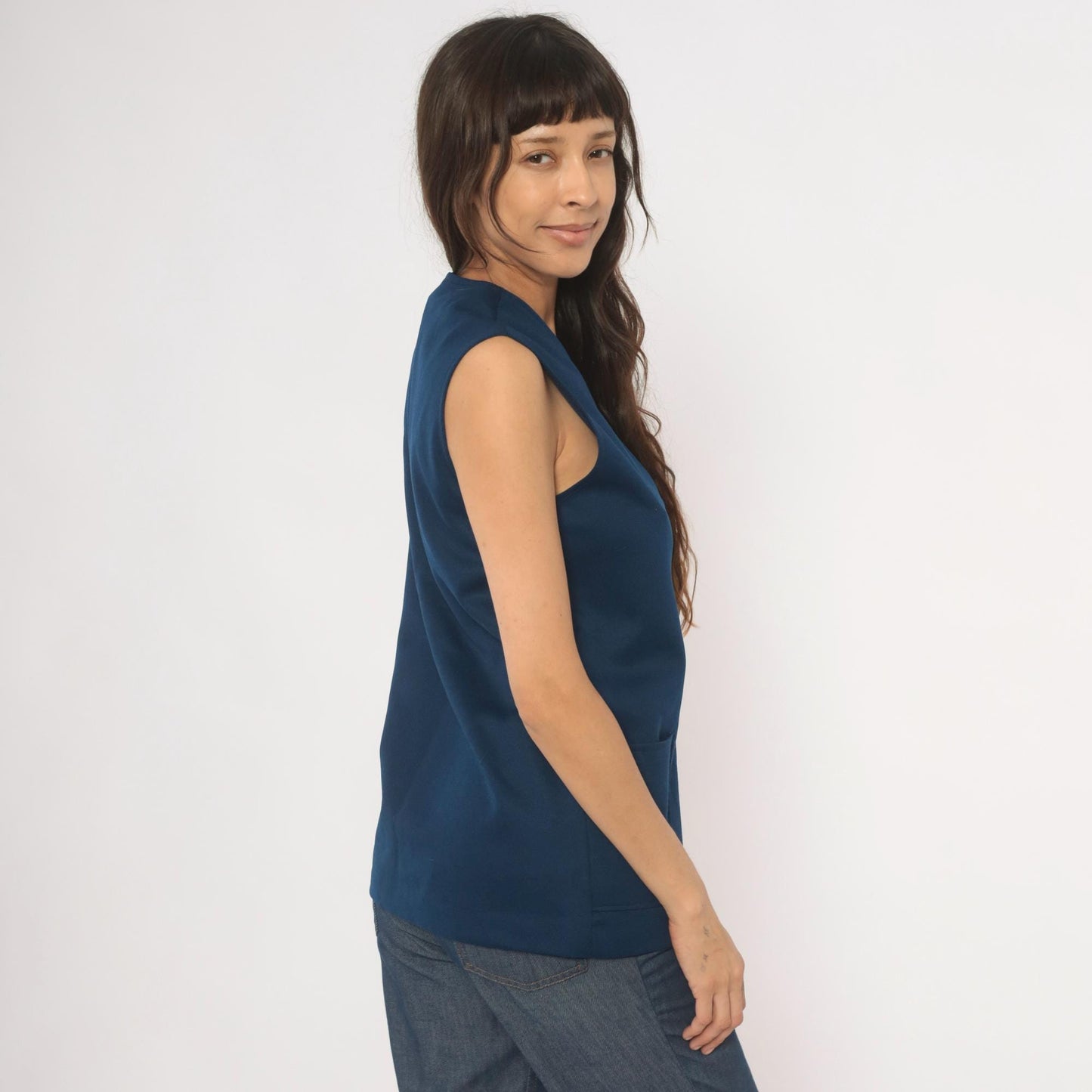 70s Navy Button Front Vest V Neck Longline Knit Top Medium M