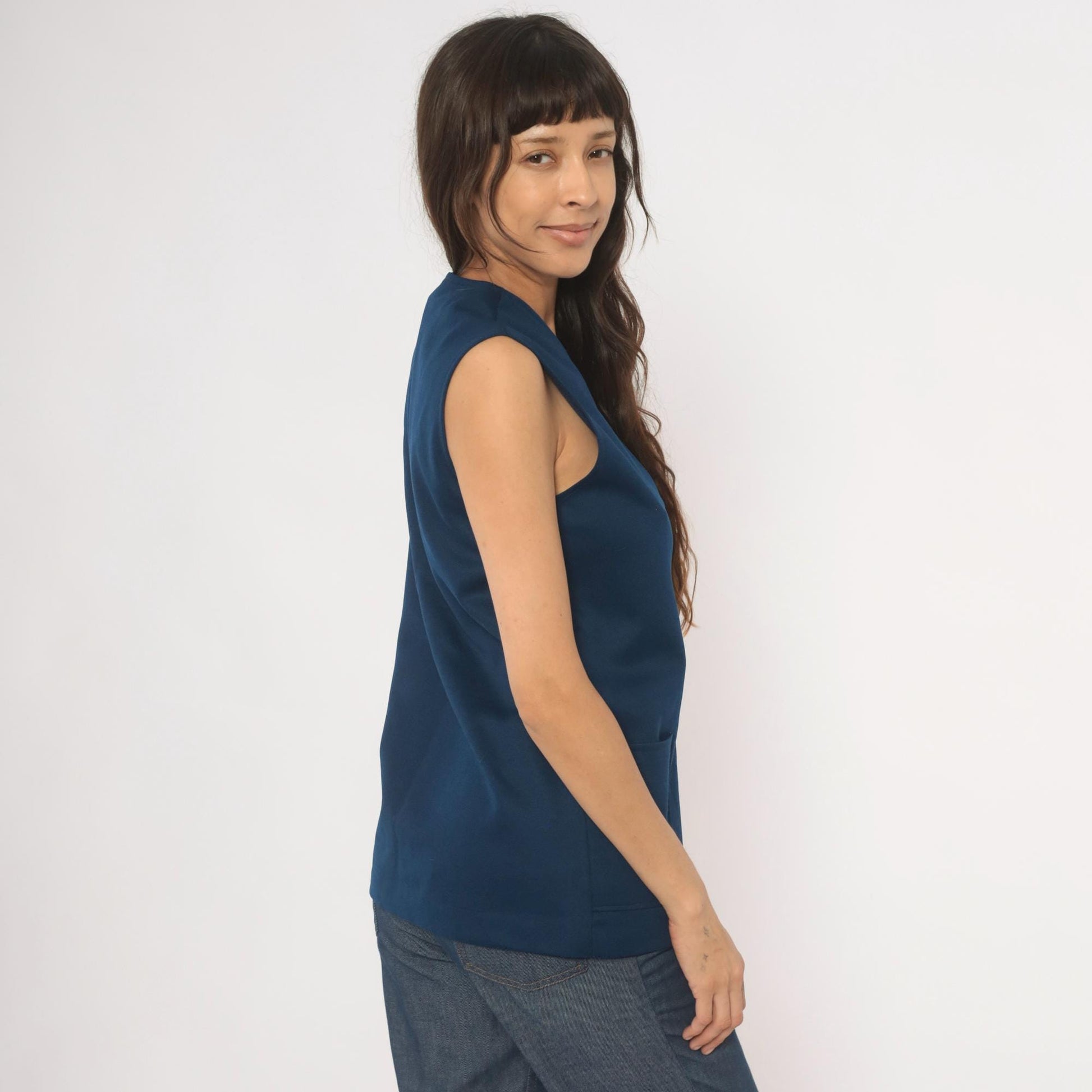 70s Navy Button Front Vest V Neck Longline Knit Top Medium M