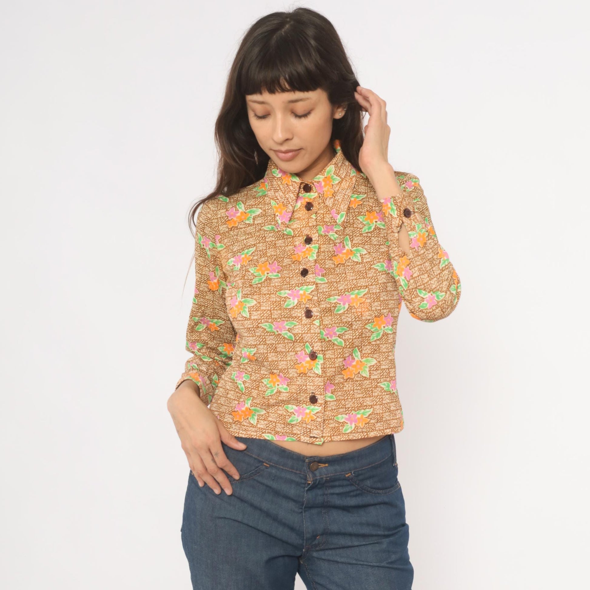 70s Floral Button-Up Blouse Pointed Collar Brown Pink Orange Green Small