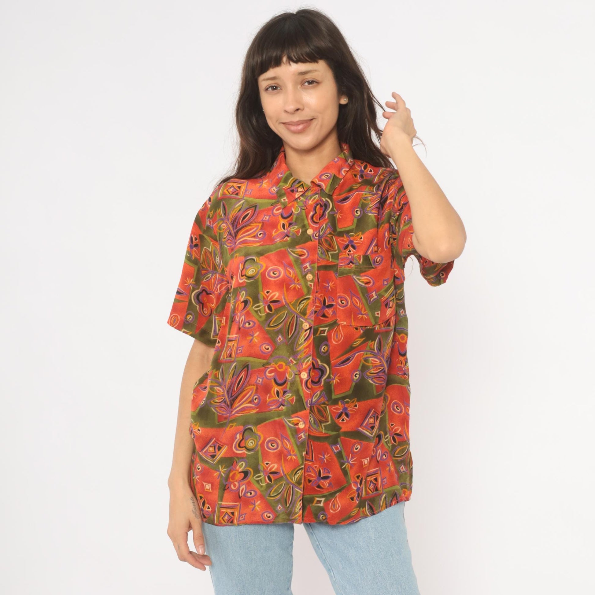 90s Quo-Silk Abstract Patchwork Silk Shirt Orange Olive Purple Camp Collar Medium