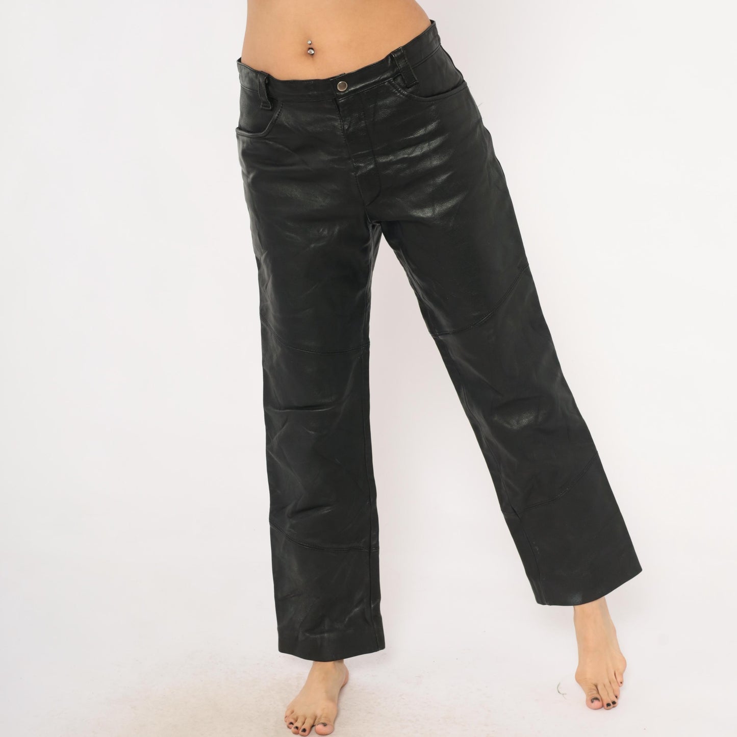 90s Berman's Black Leather Pants Straight Leg Moto Paneled Medium M