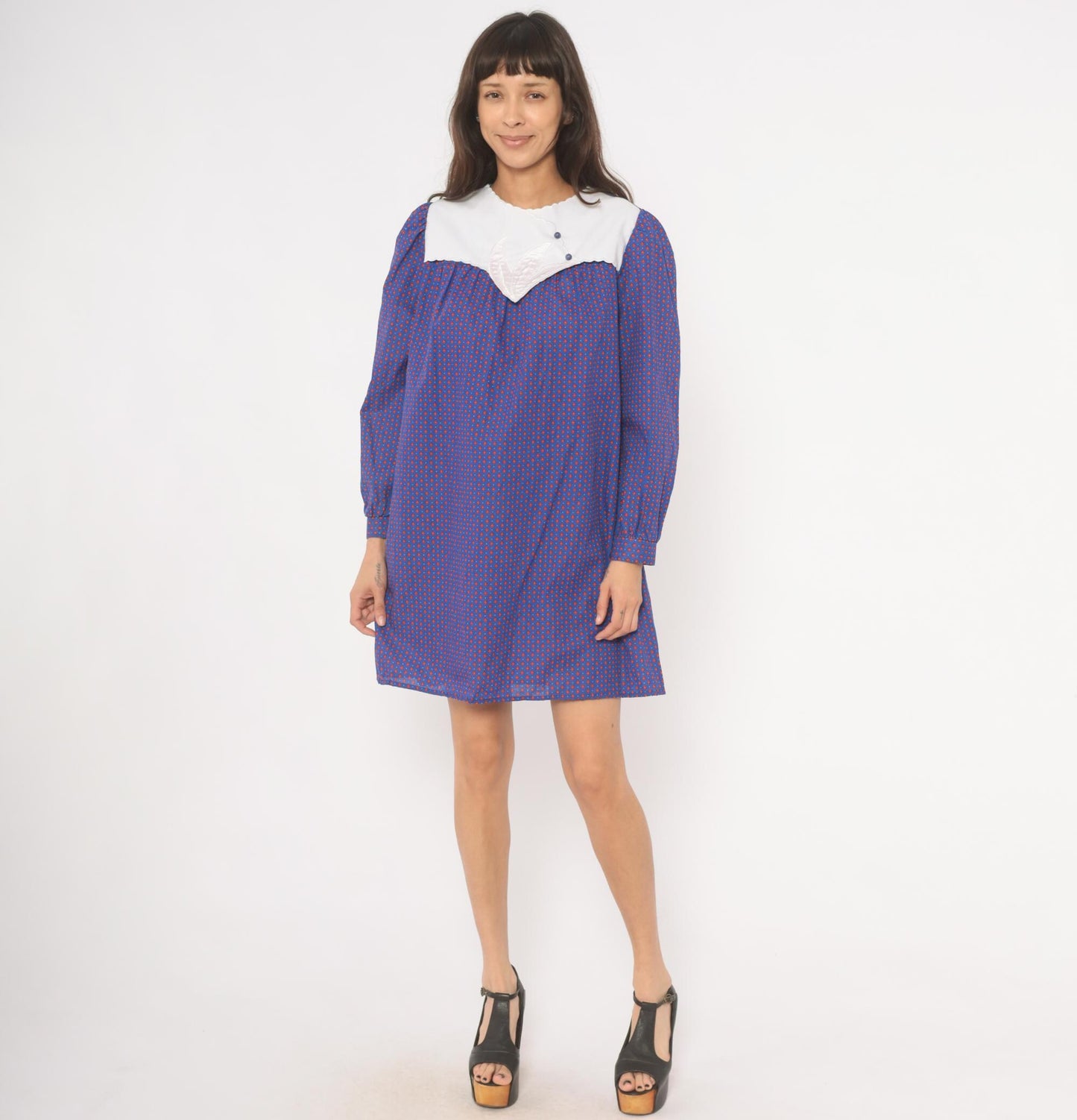 80s Maternity Calico Floral Shift Dress Blue Red Puff Sleeve Bib Collar Medium M