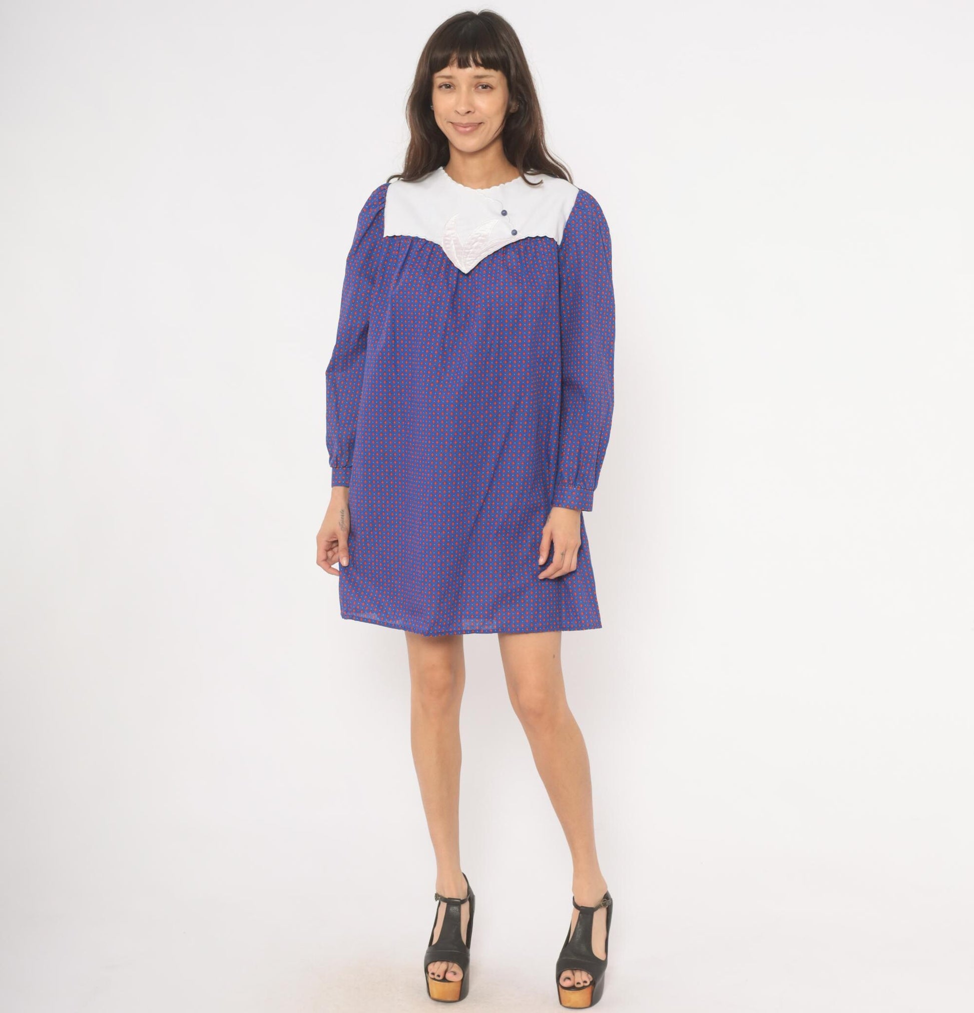80s Maternity Calico Floral Shift Dress Blue Red Puff Sleeve Bib Collar Medium M