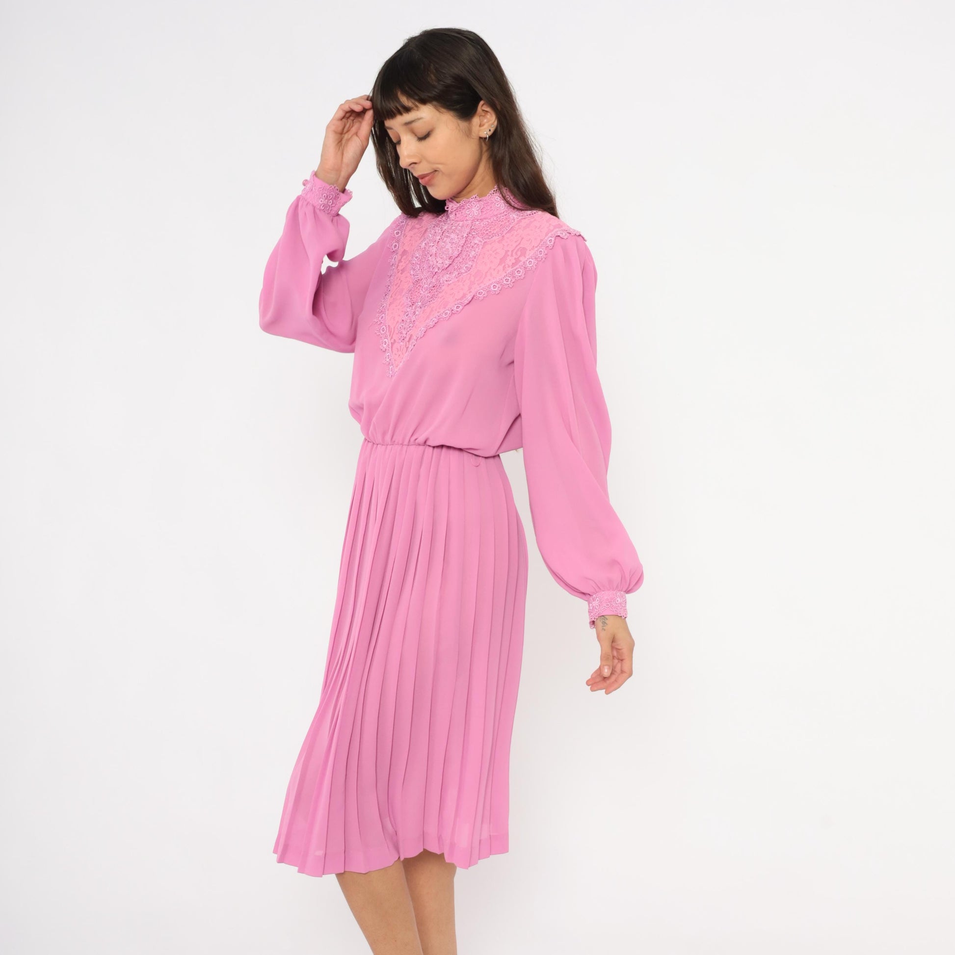 80s Rimini Pink Lace Bib Dress Bishop Sleeve Pleated Skirt Small Medium