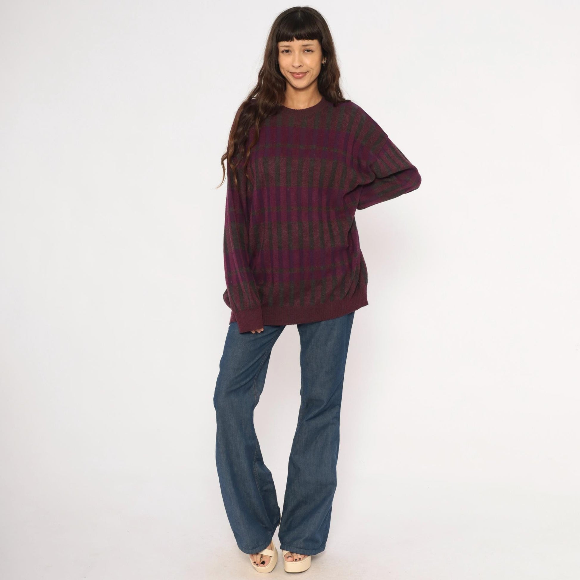 80s Gea Plaid Knit Sweater Burgundy Purple Grey Crewneck Extra Large XL