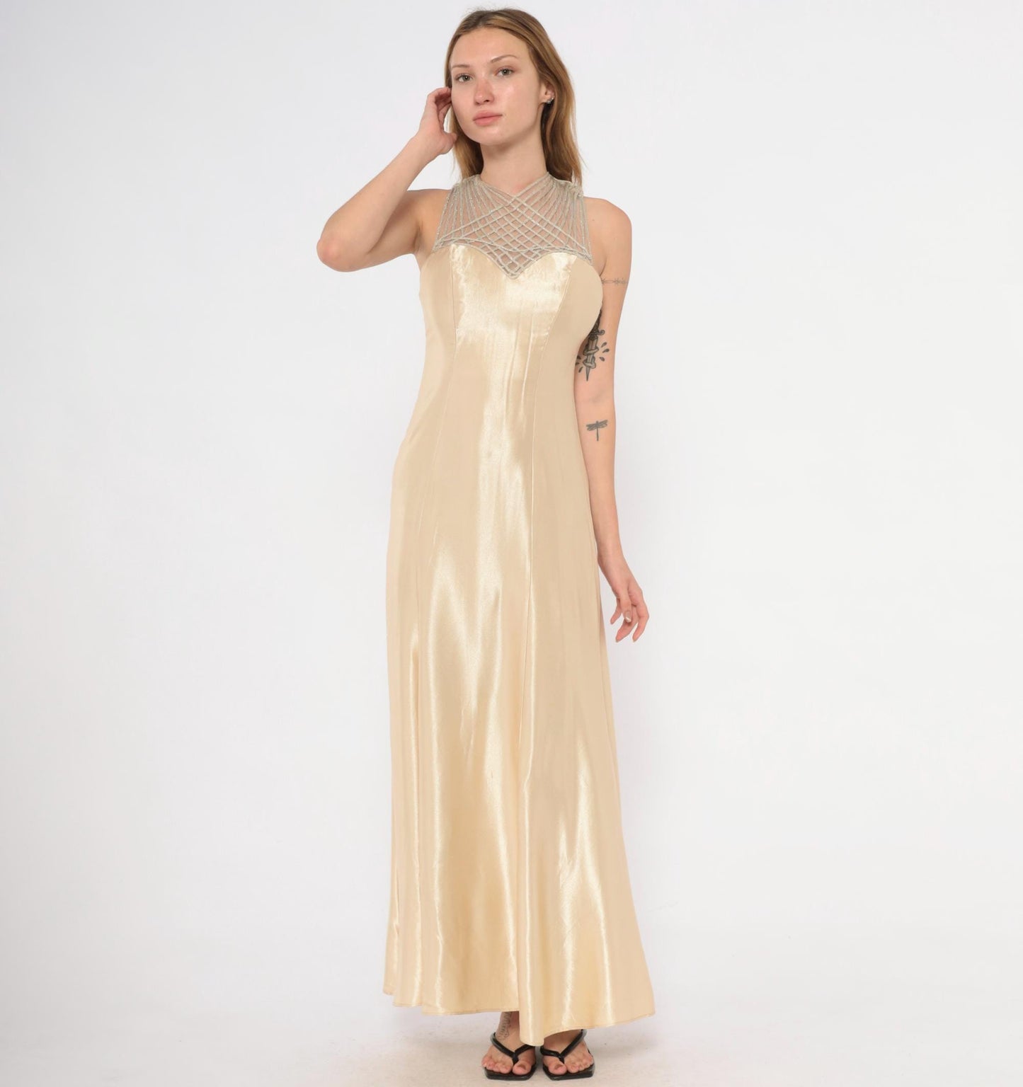 90s Champagne Satin Maxi Dress Criss Cross Straps Sweetheart Bodice Gold Evening Gown Extra Small XS