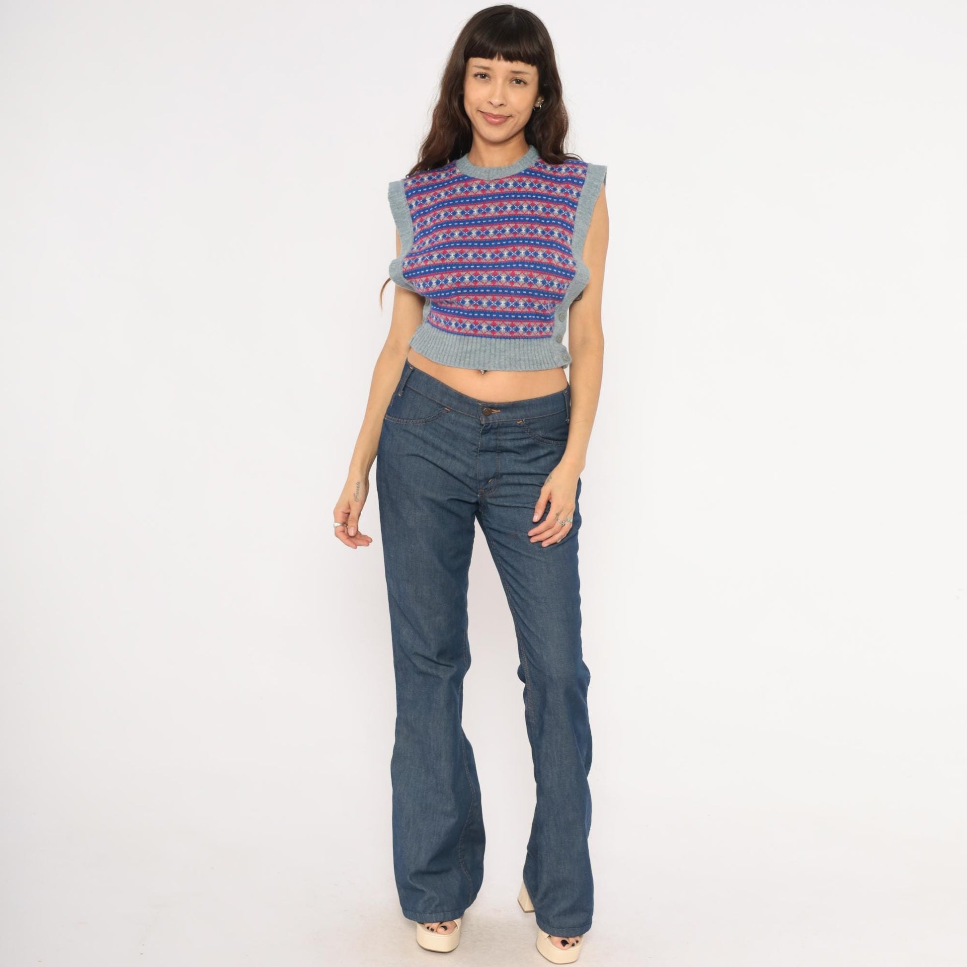 80s Fair Isle Sweater Vest Grey Blue Red Geometric Knit Cropped Extra Small XS