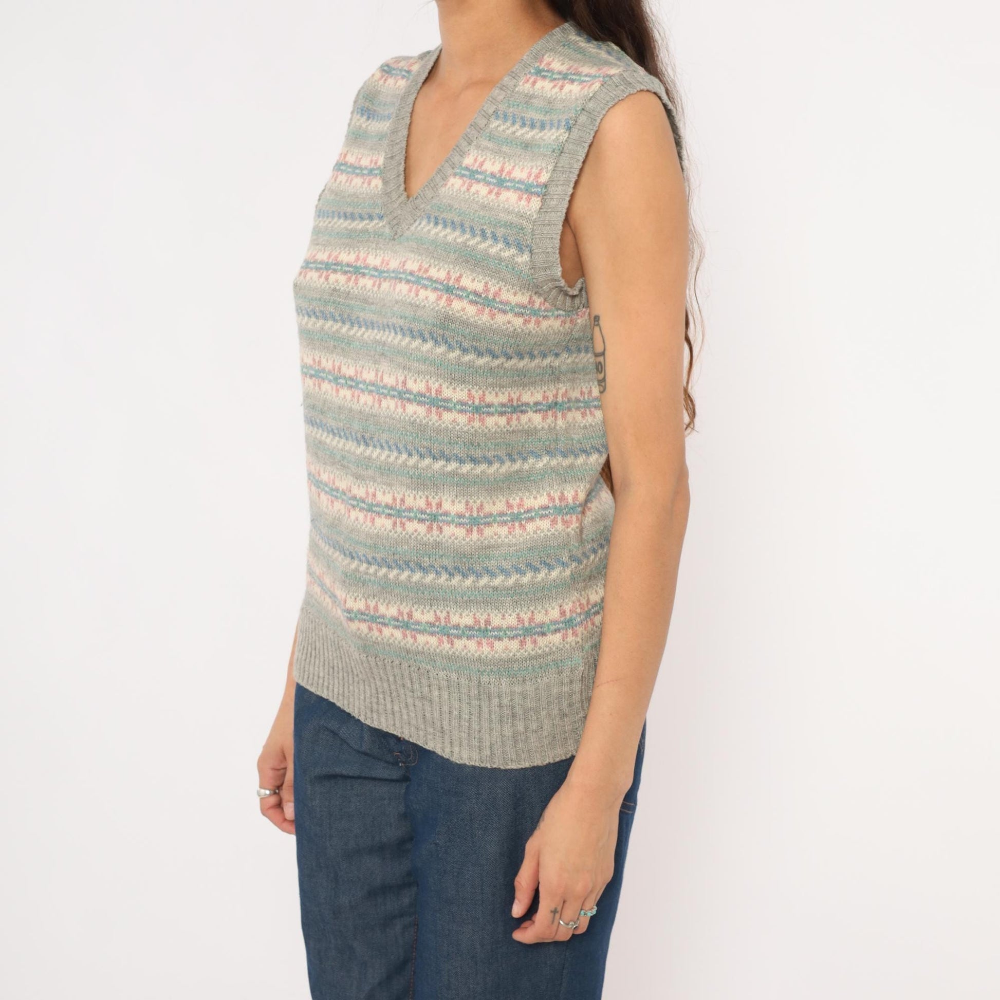 80s JJ McWays Fair Isle Sweater Vest Wool Blend Grey Pink Blue Small