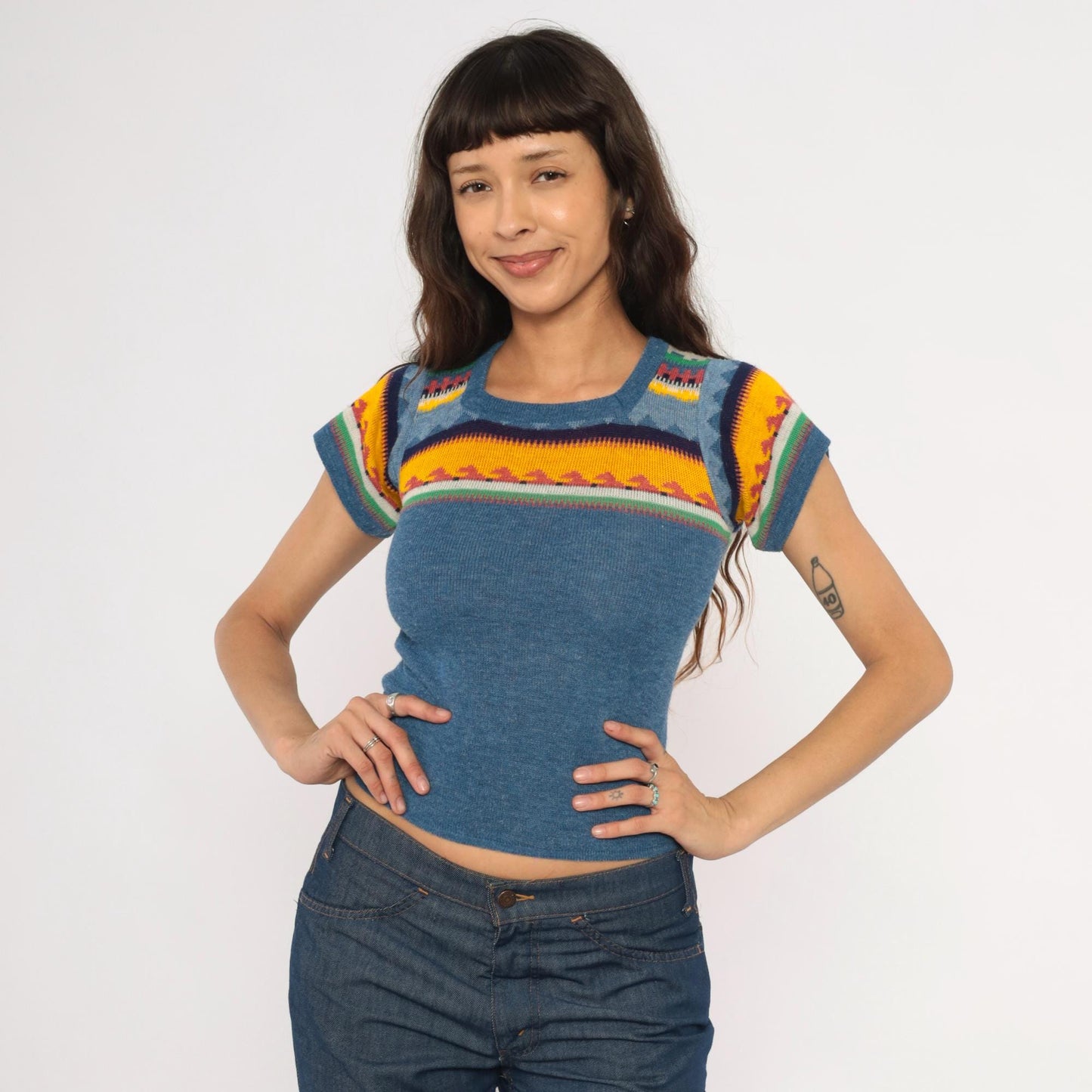 70s JCPenney Southwestern Fair Isle Knit Top Cap Sleeve Cropped Extra Small XS