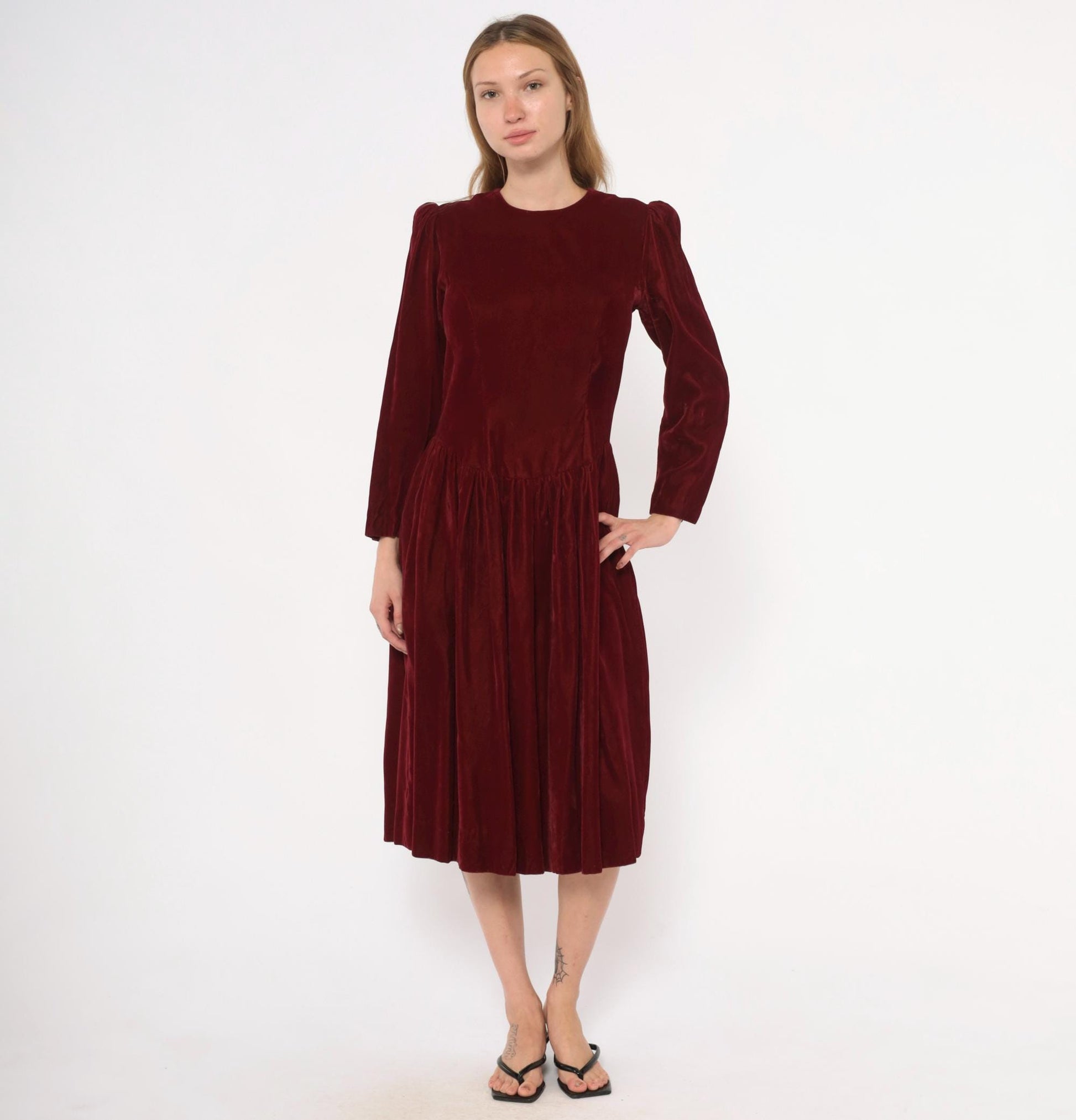 70s Burgundy Velvet Midi Dress Puff Sleeve Fitted Waist Small