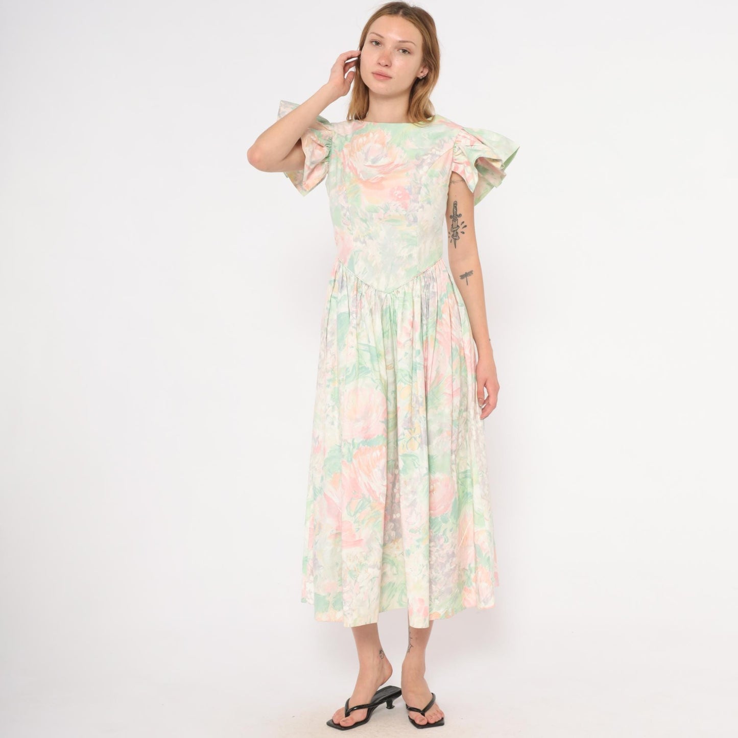 90s JCPenney Floral Midi Dress Watercolor Rose Basque Waist Flutter Sleeve Small S