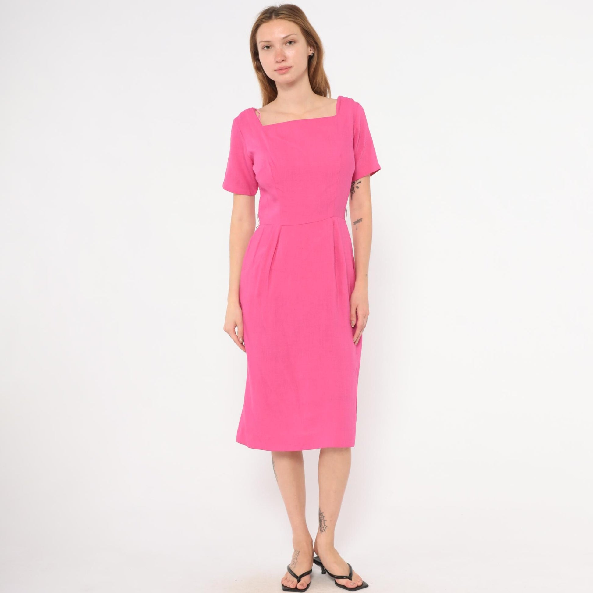 80s Fuchsia Linen Cotton Sheath Dress Square Neckline Pleated Waist Small S