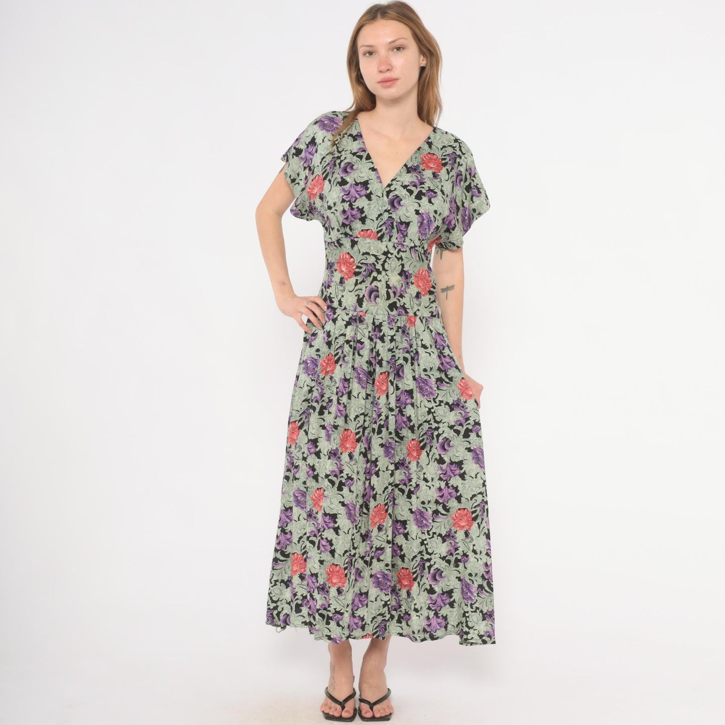90s All That Jazz Floral Maxi Dress Purple Black Surplice V-Neck Medium M