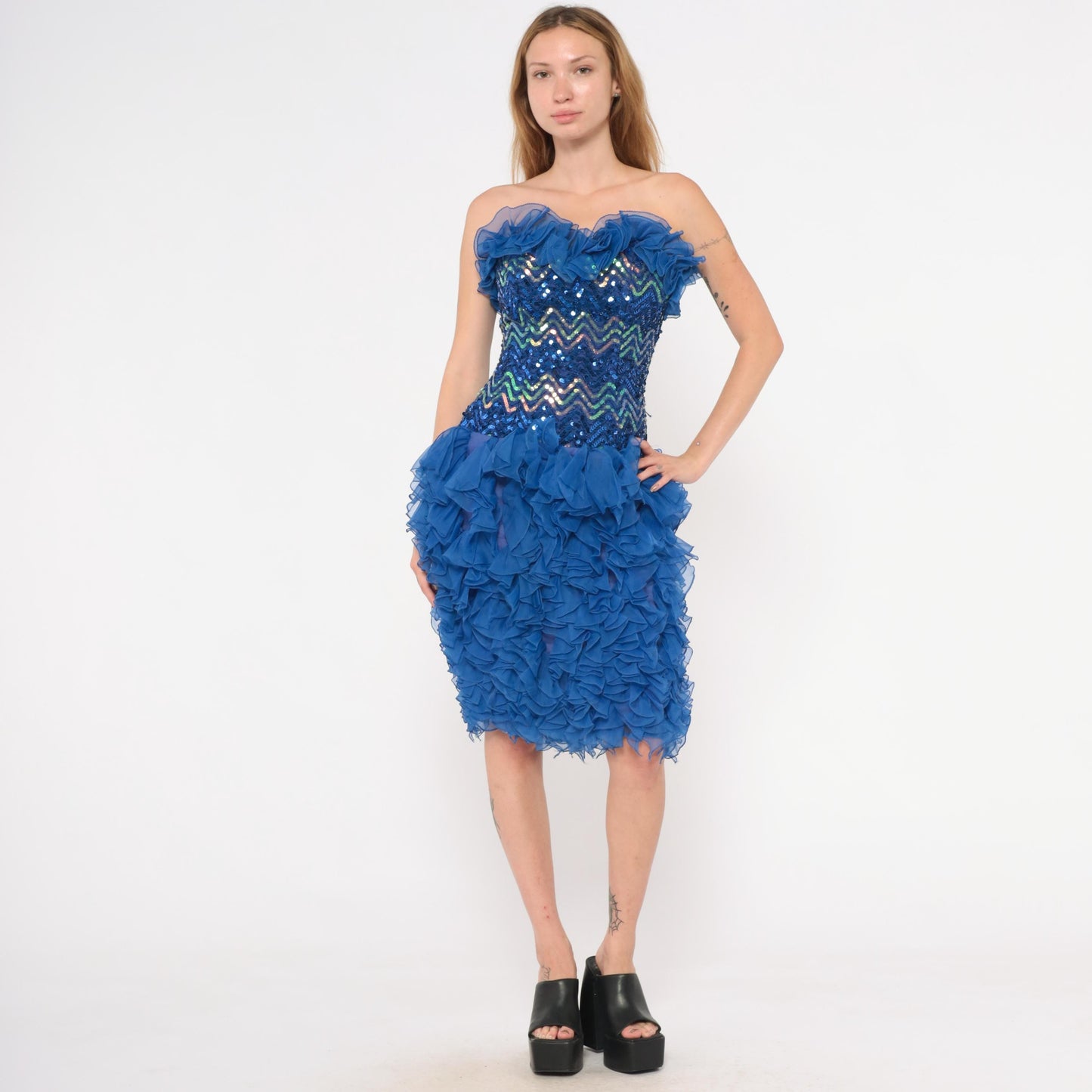 80s Cobalt Sequin Strapless Dress Chevron Sweetheart Corset Ruffle Extra Small XS