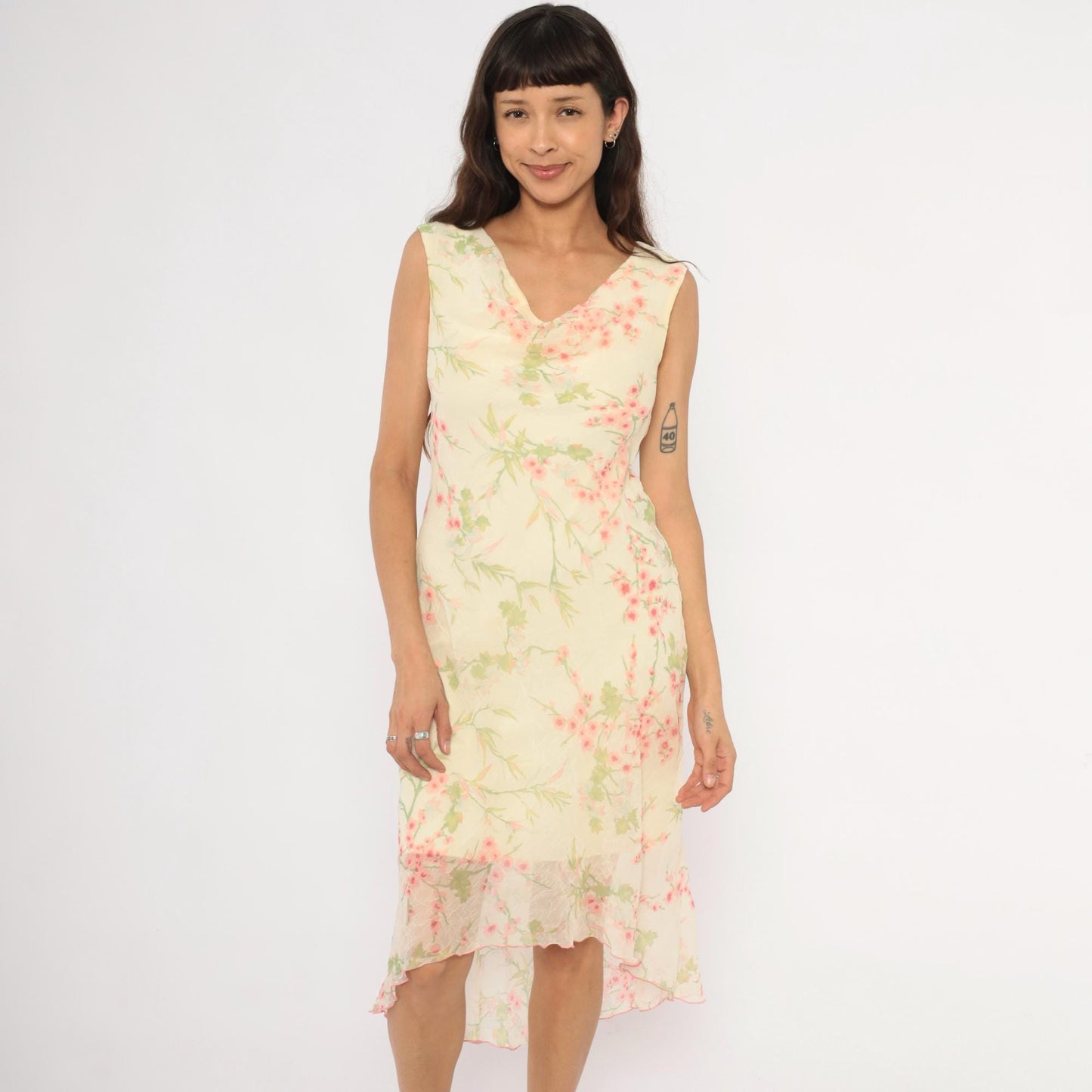 90s City Triangles Cherry Blossom Chiffon Dress Pink Cream Medium M