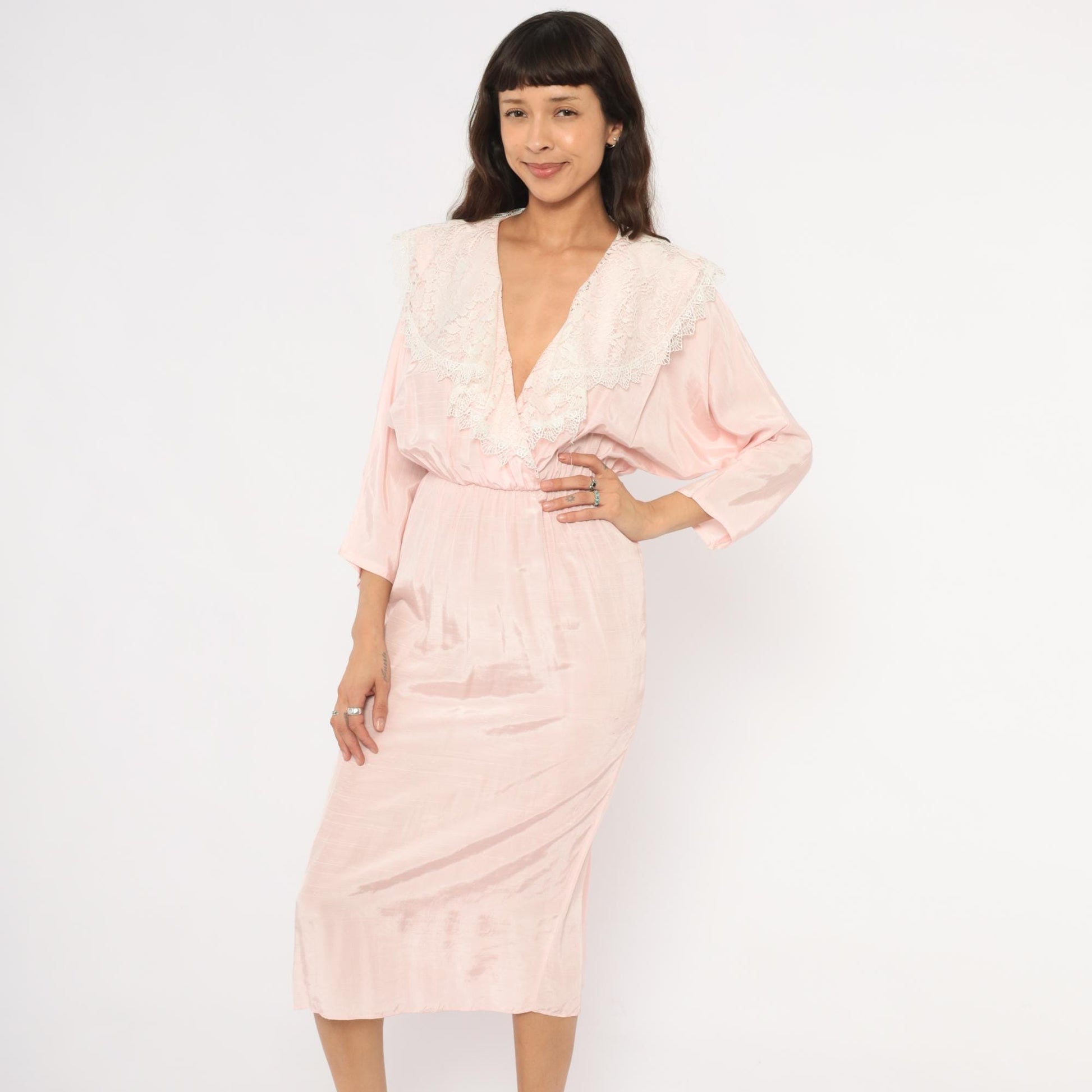 80s DQ Fashions Blush Pink Midi Dress Lace Collar V-Neck Small S